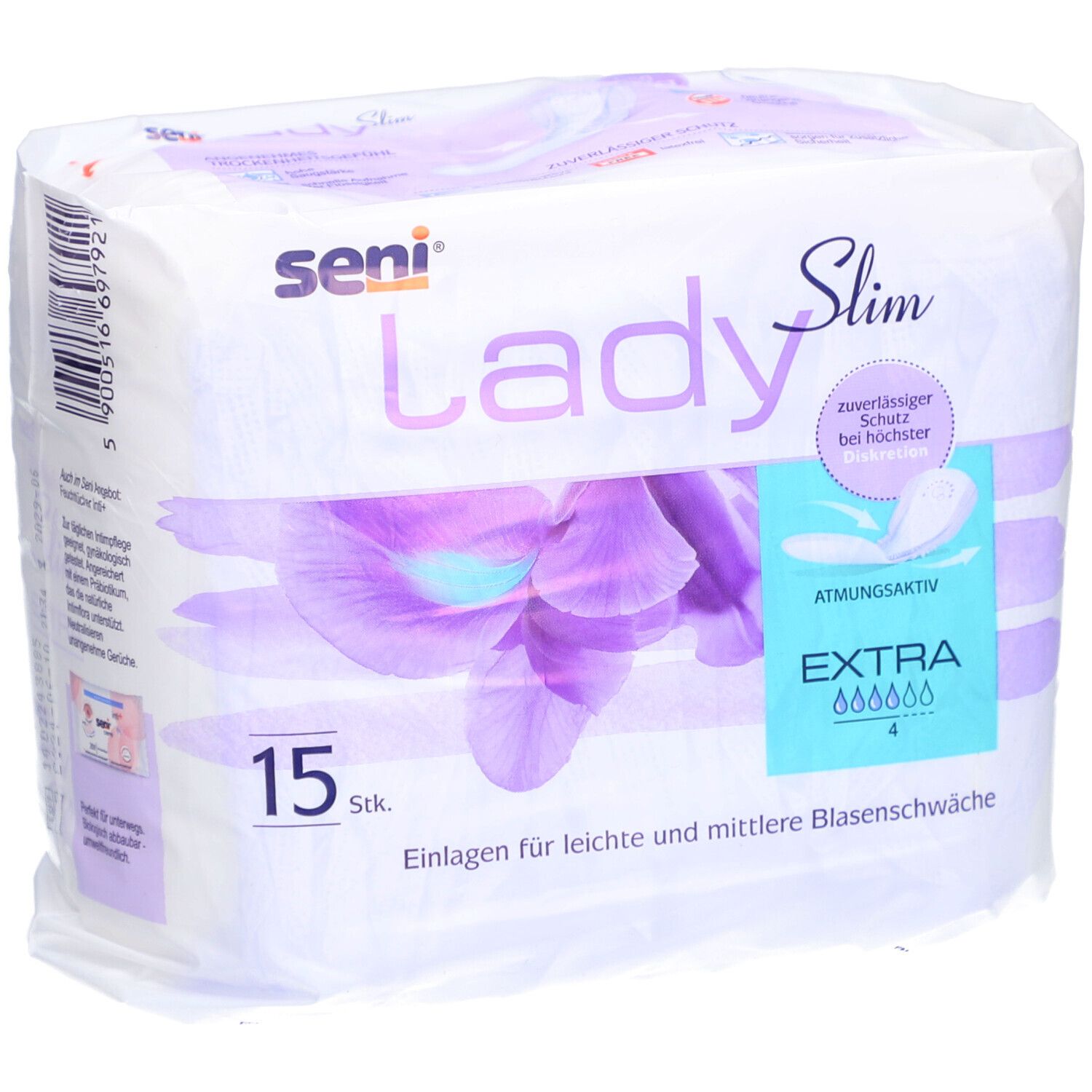 Paquet de serviettes Seni Lady Slim Extra. 15 pièces. Pour fuites urinaires légères à modérées. Respirant. Protection fiable.