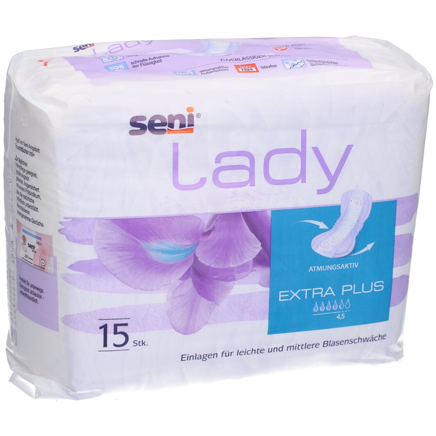 Paquet SENI Lady Extra Plus, 15 pièces. Inscription: Lady, Extra Plus, respirant. Illustration d'une protection.