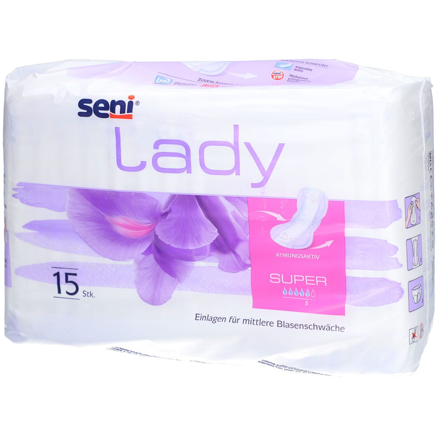 Paquet de protections Seni Lady Super. 15 unités. Image du produit avec fleurs violettes et informations.