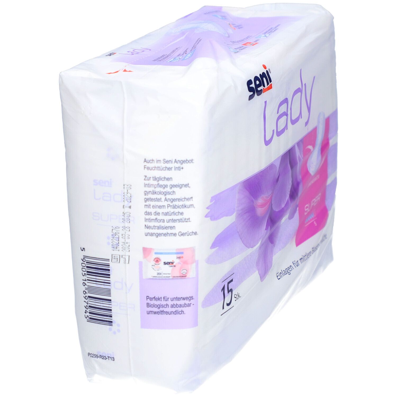 Paquet de protections Seni Lady Super. Vue arrière avec informations et code-barres.