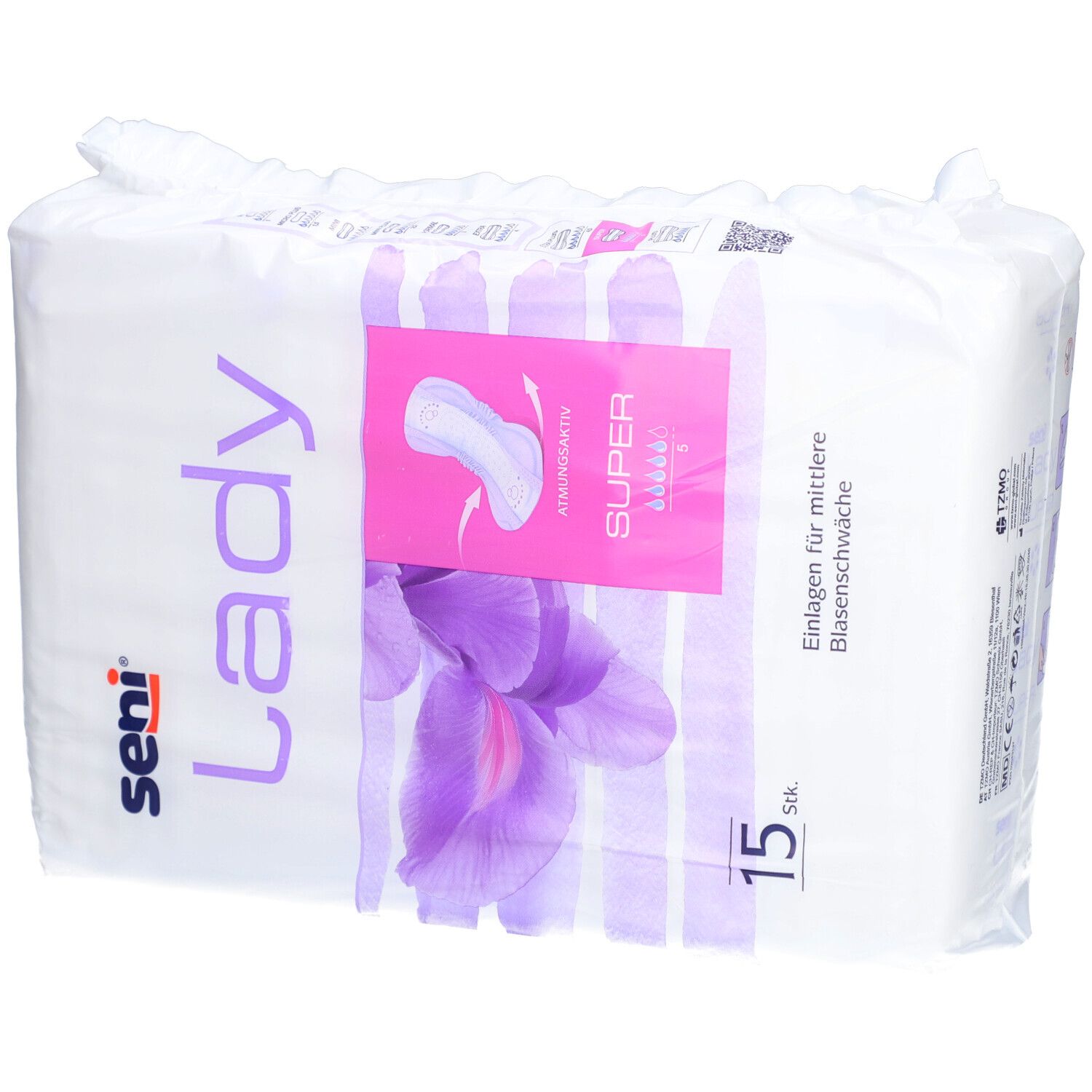 Paquet de protections Seni Lady Super. Vue avec fleurs violettes et informations.