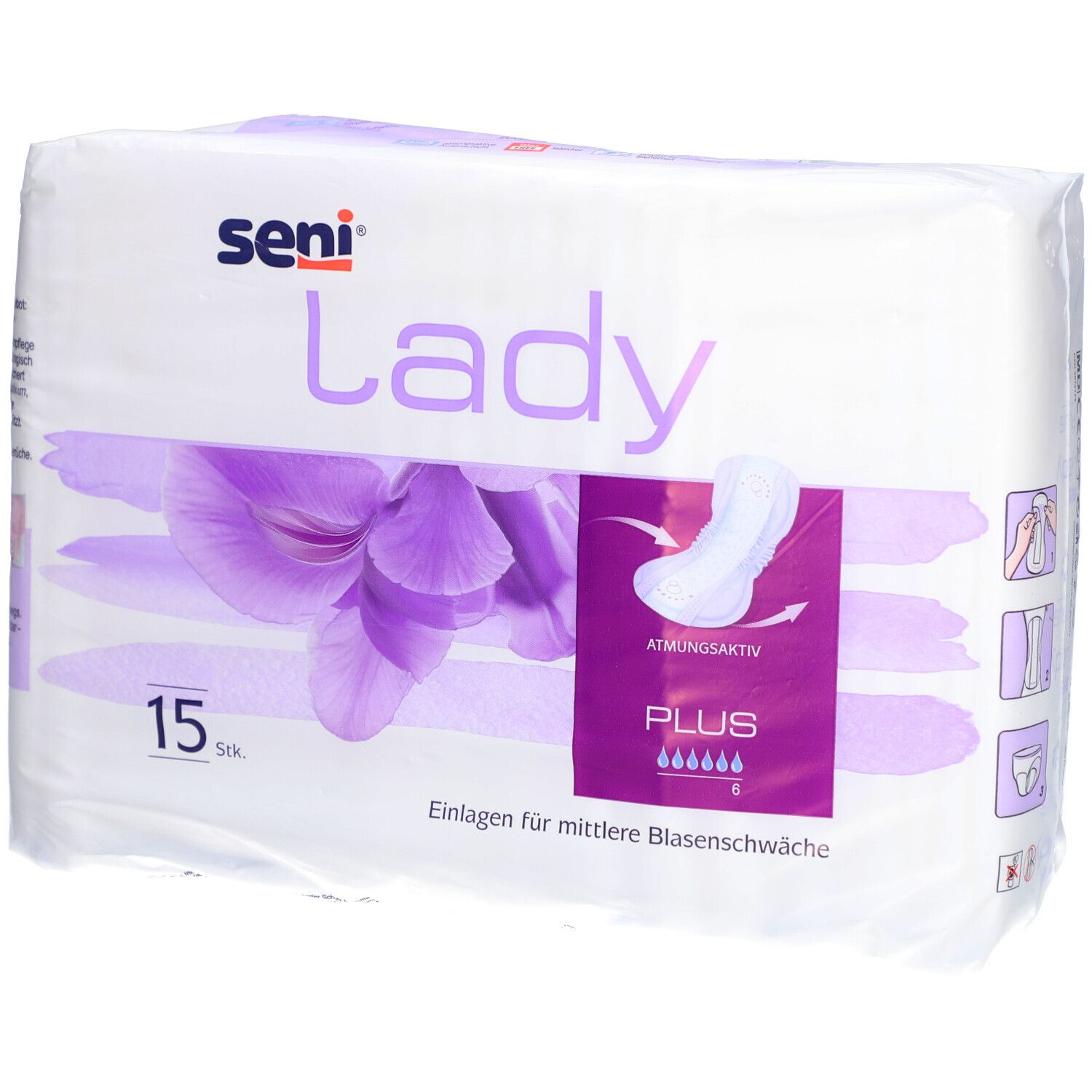 Paquet de protections Seni Lady Plus. 15 pièces. Motif floral violet. Illustration du produit et texte : "Plus", "Respirant".