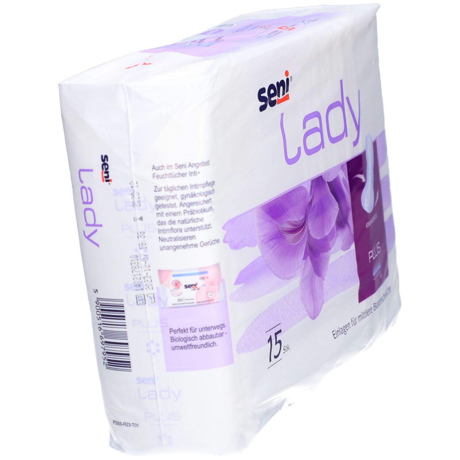 Paquet de protections Seni Lady Plus. 15 pièces. Motif floral violet. Illustration du produit et texte : "Plus", "Respirant".
