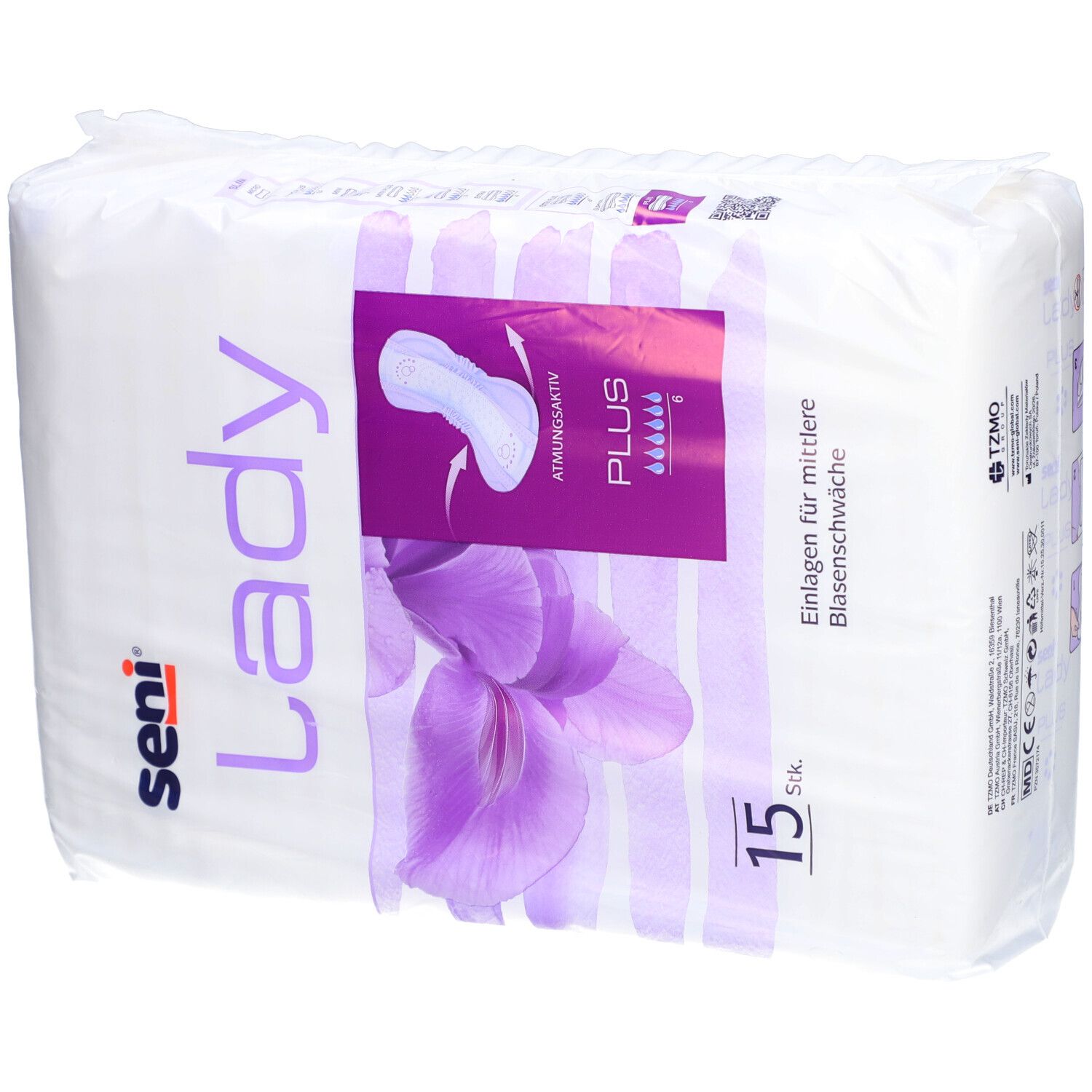 Paquet de protections Seni Lady Plus. 15 pièces. Motif floral violet. Illustration du produit et texte : "Plus", "Respirant".