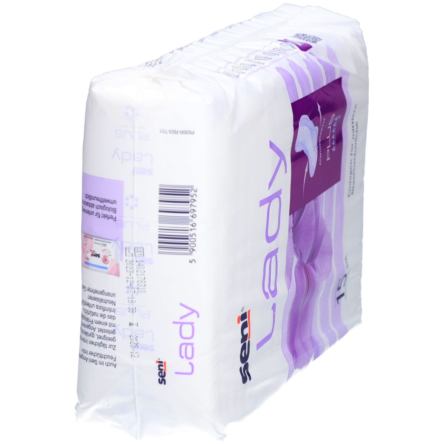 Paquet de protections Seni Lady Plus. 15 pièces. Motif floral violet. Illustration du produit et texte : "Plus", "Respirant".