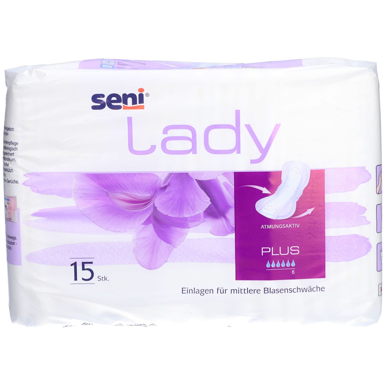 Paquet de protections Seni Lady Plus. 15 pièces. Motif floral violet. Illustration du produit et texte : "Plus", "Respirant".
