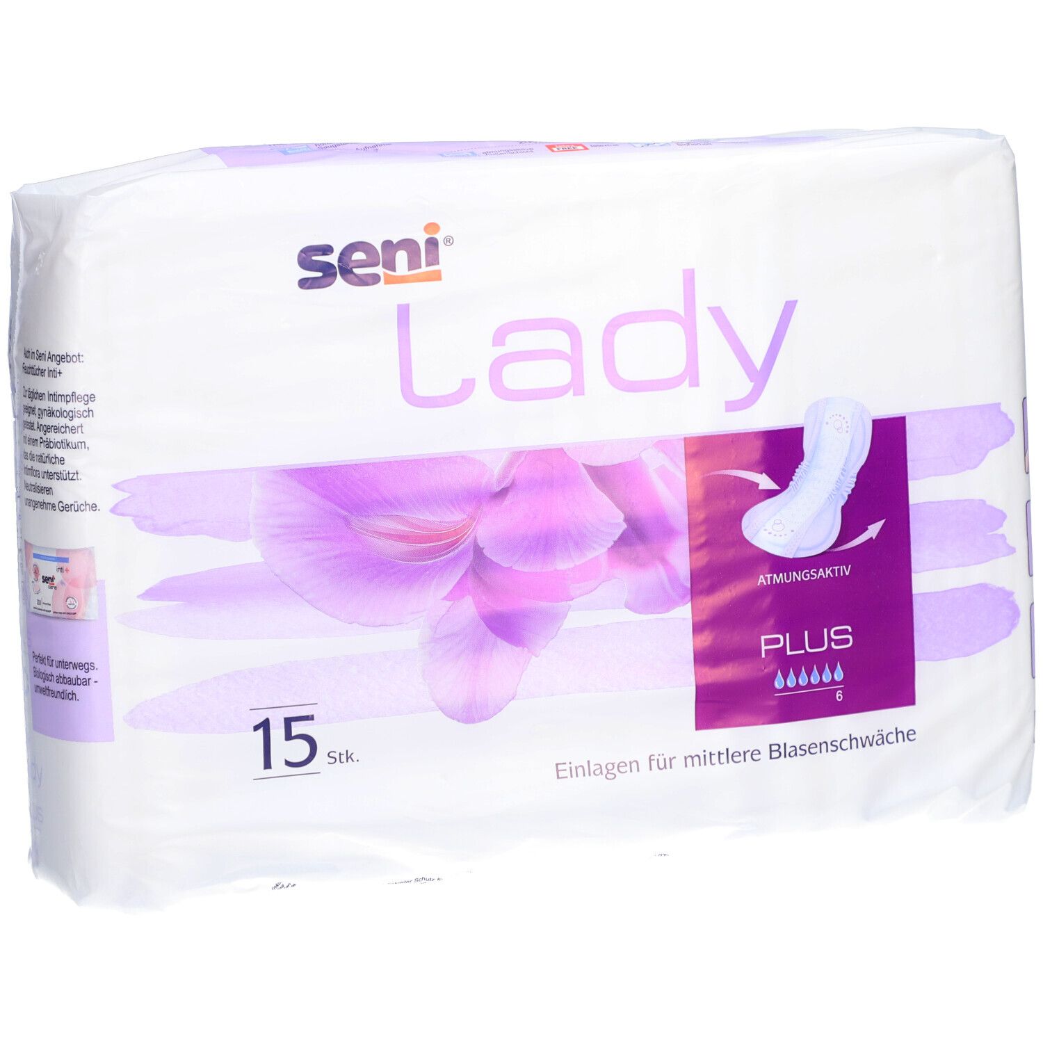 Paquet de protections Seni Lady Plus. 15 pièces. Motif floral violet. Illustration du produit et texte : "Plus", "Respirant".