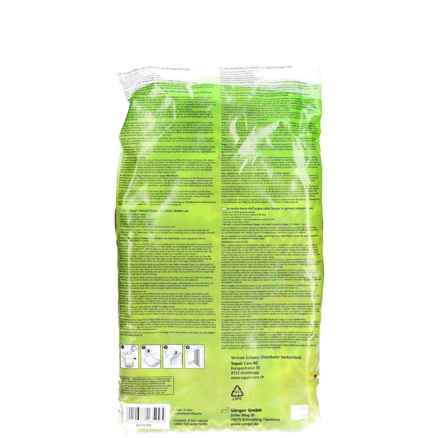 Dos de l'emballage avec texte et pictogrammes. Fond vert avec informations sur le produit.