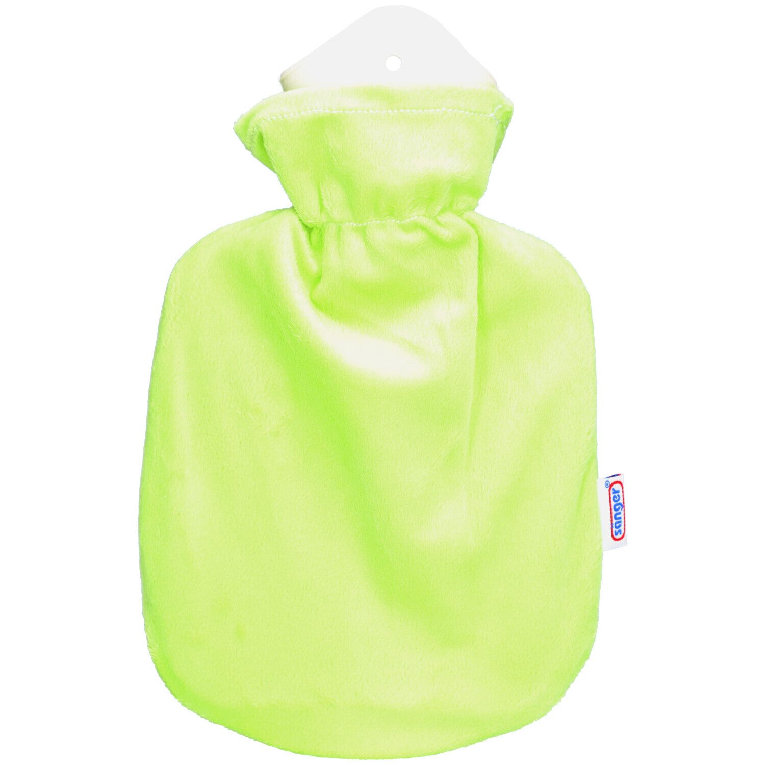 Bouillotte vert clair avec étiquette blanche. Marque : SÄNGER. Housse textile avec cordon de serrage.