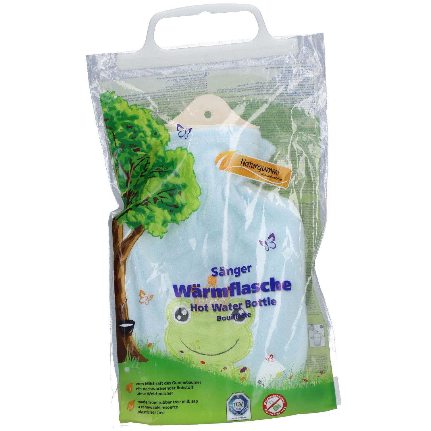 Bouillotte en velours bleu clair, motif grenouille, dans un sac plastique. Caoutchouc naturel. Avec poignée.