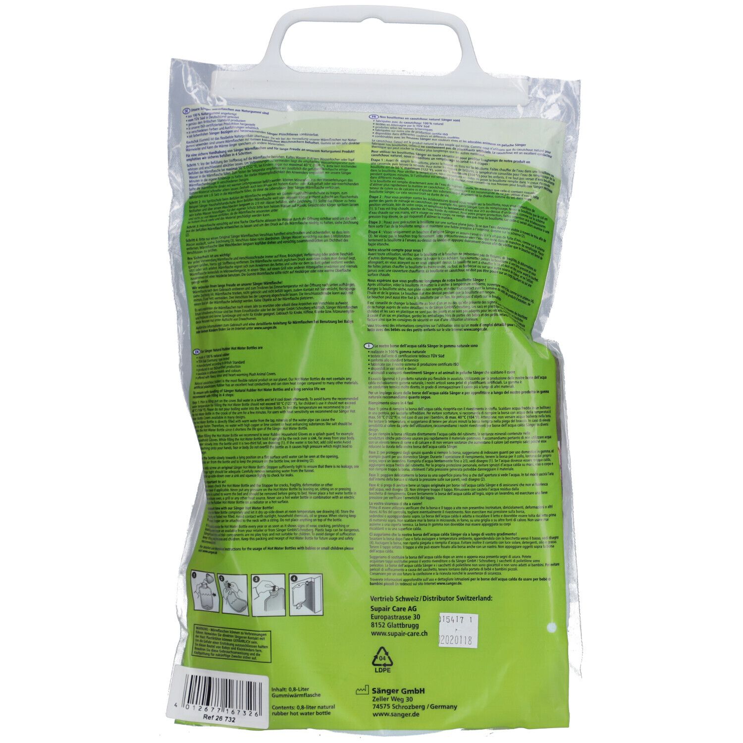 Dos de l'emballage. Vert avec texte. Informations du fabricant et mode d'emploi. Sac en plastique.