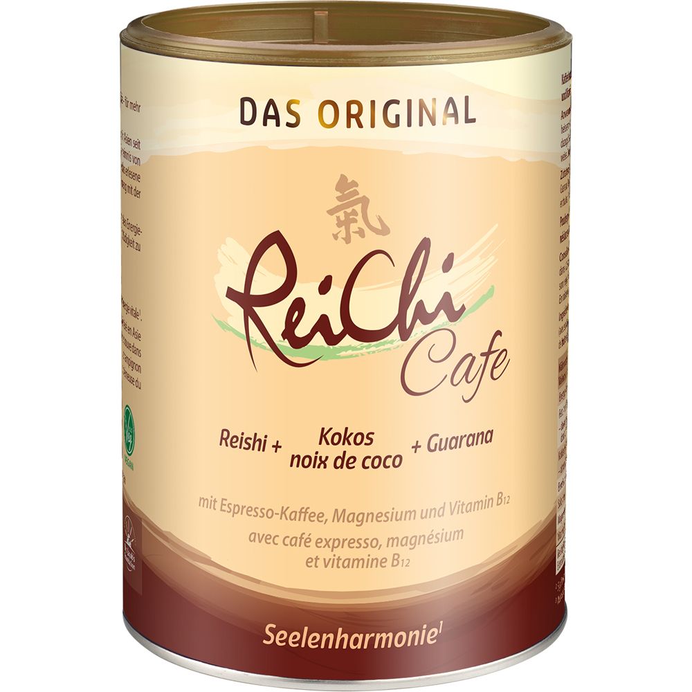 Boîte de ReiChi Cafe. Boîte beige-marron avec inscription. Contient Reishi, noix de coco, guarana. "Das Original" en haut.