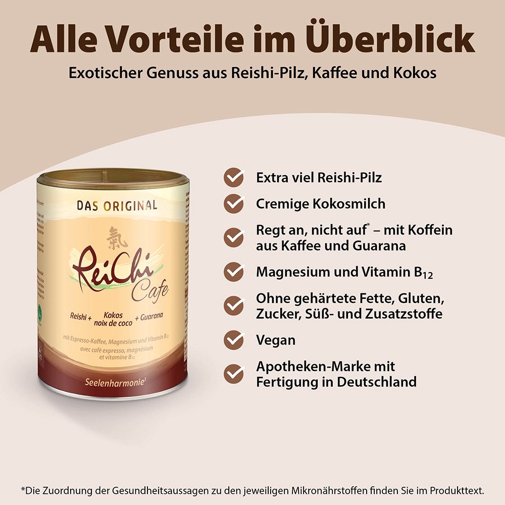 Avantages de ReiChi Cafe. Boîte avec inscription. Texte avec listes à puces: champignon Reishi, lait de coco, caféine, magnésium, végétalien.
