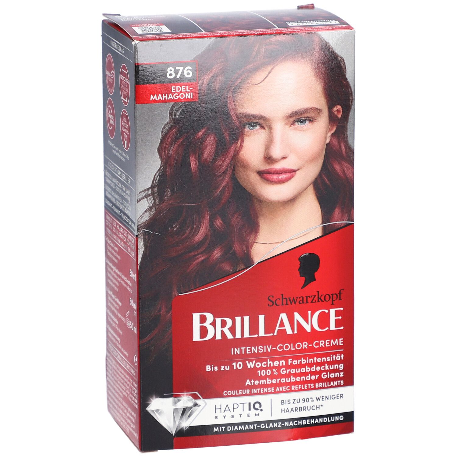 Face avant de la boîte Brilliance 876 Edelmahagoni. Boîte rouge avec visage de femme. Inscription Schwarzkopf Brilliance.