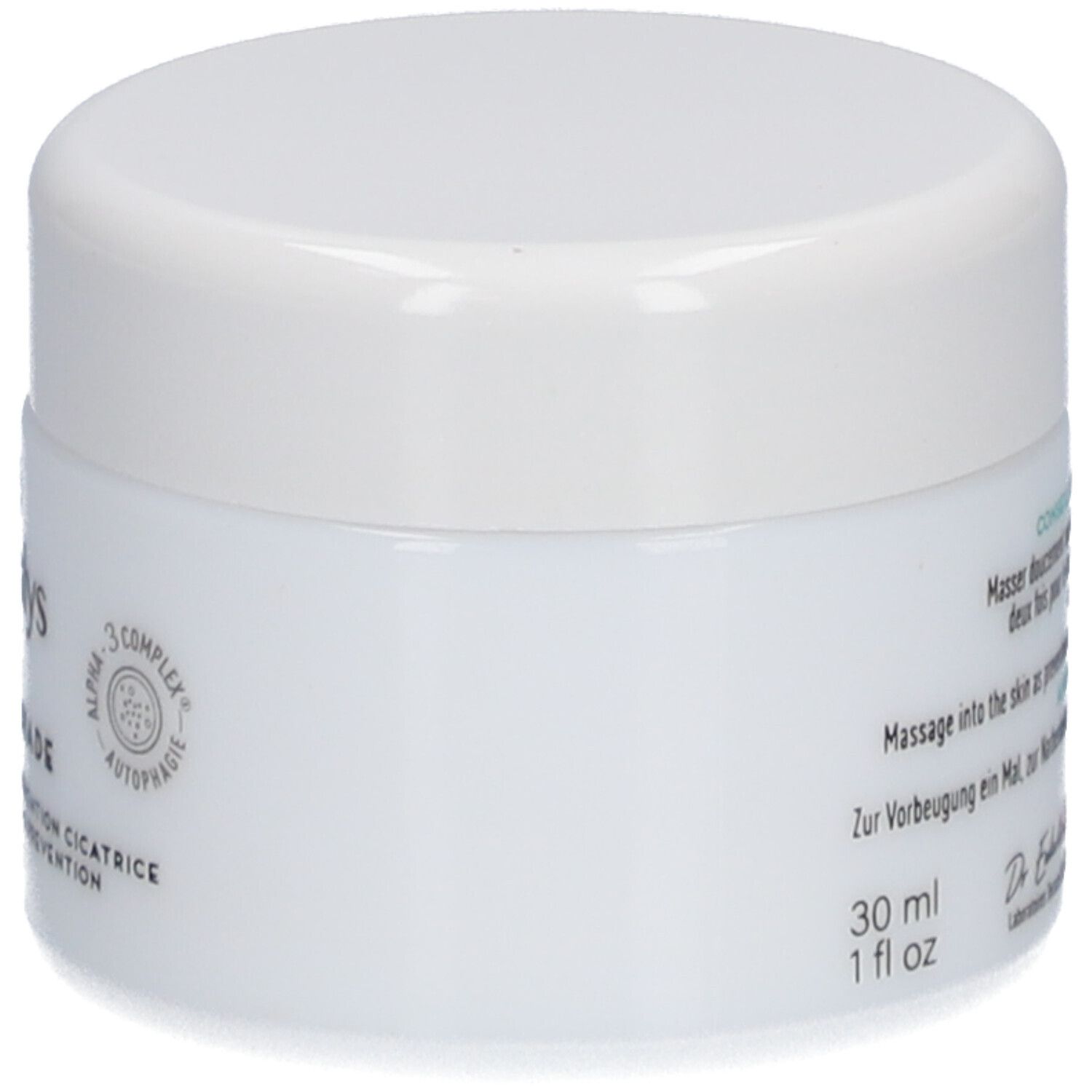 Pot blanc avec couvercle. Inscription: Decalys Medical, La Pommade, Alpha-3 Complex, croix suisse. Texte.