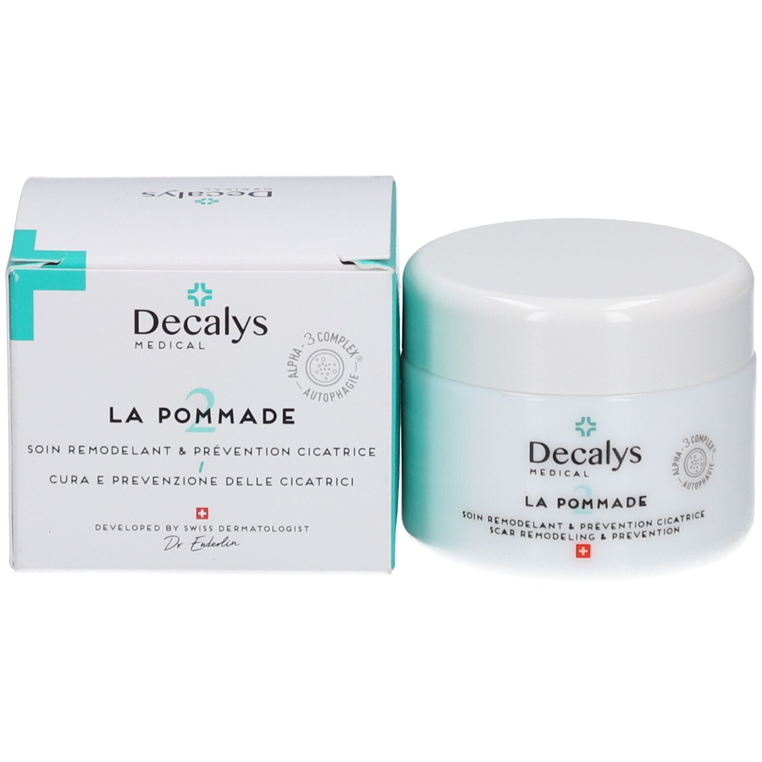 Emballage et pot. Inscription: Decalys Medical, La Pommade, Alpha-3 Complex, croix suisse.