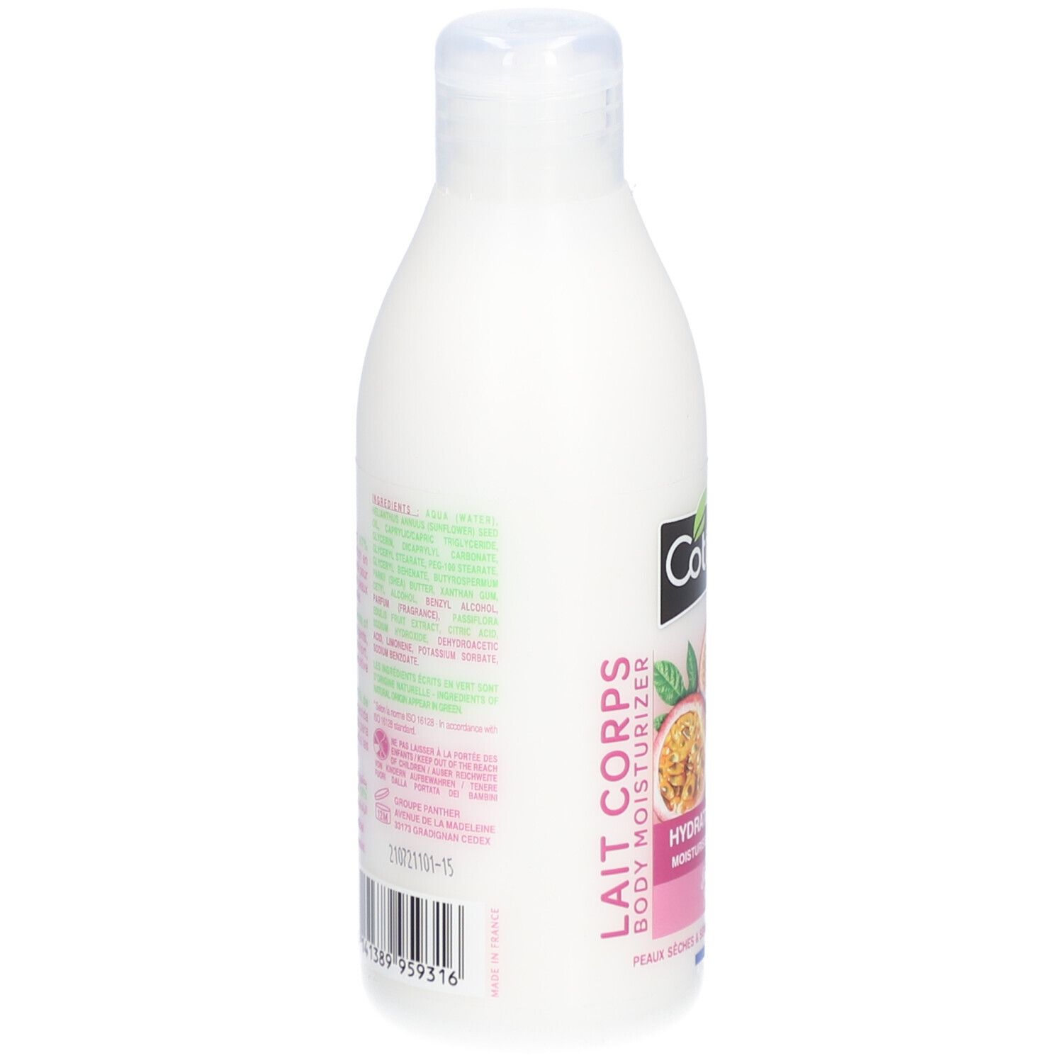 Dos du flacon blanc de lait pour le corps. Texte multilingue. Code-barres et pays d'origine: France.