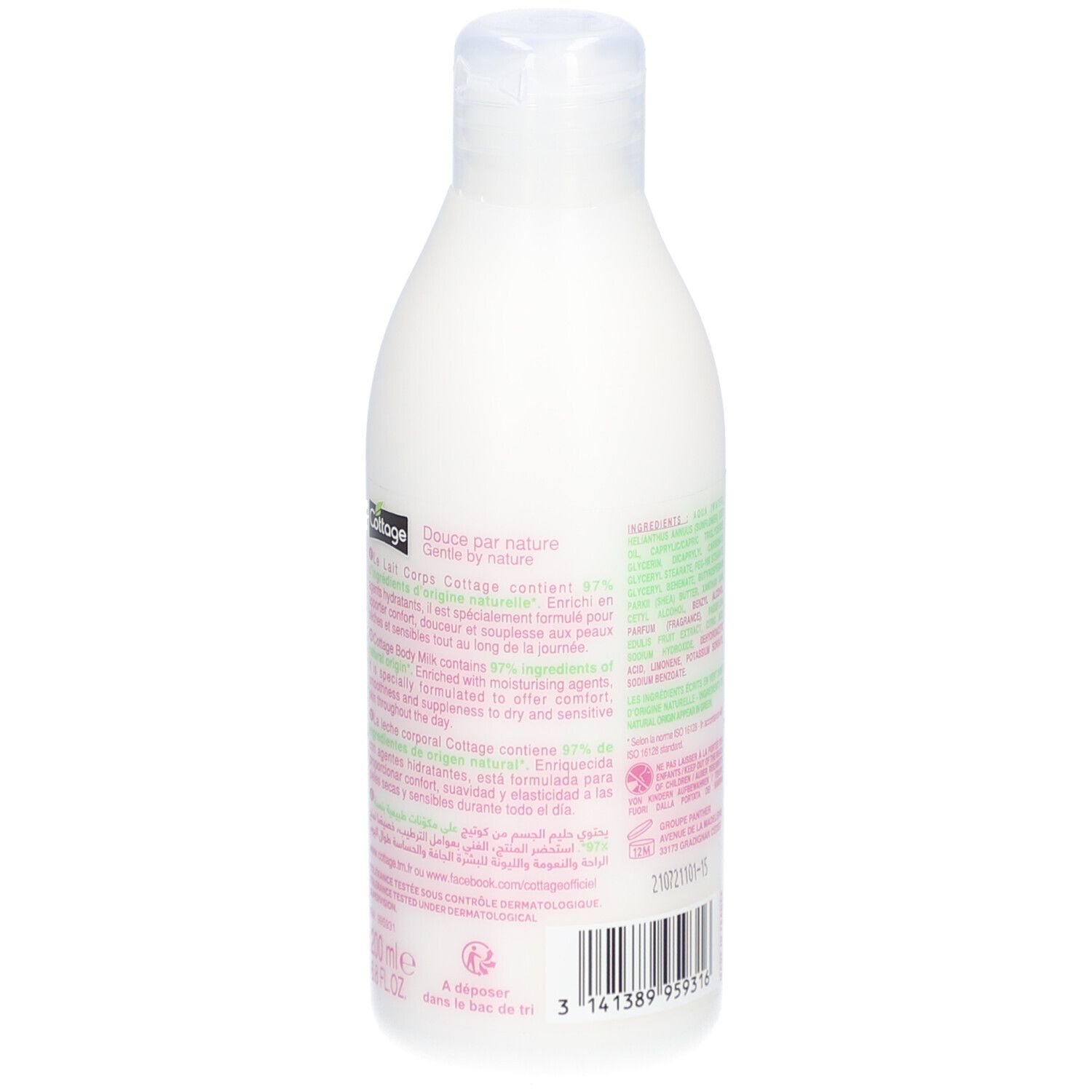Dos du flacon blanc de lait pour le corps. Texte multilingue. Code-barres et pays d'origine: France.