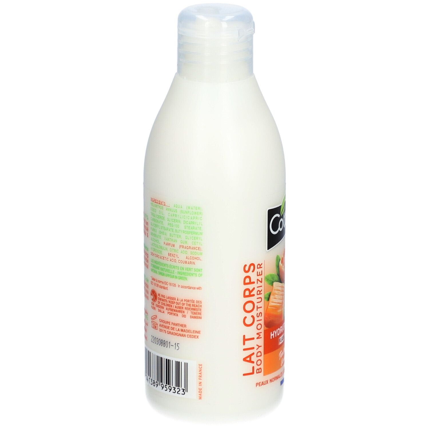 Dos du flacon de lait corporel. Texte en plusieurs langues. Code-barres et informations de production.