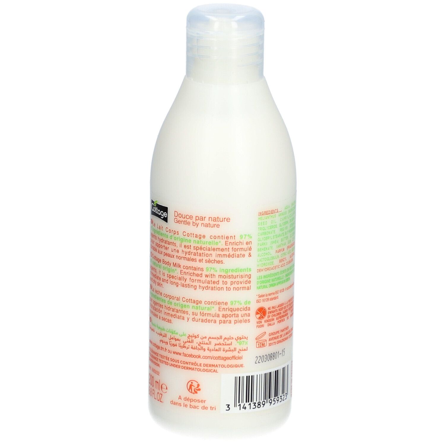 Dos du flacon de lait corporel. Texte en plusieurs langues. Informations sur les ingrédients et l'utilisation.
