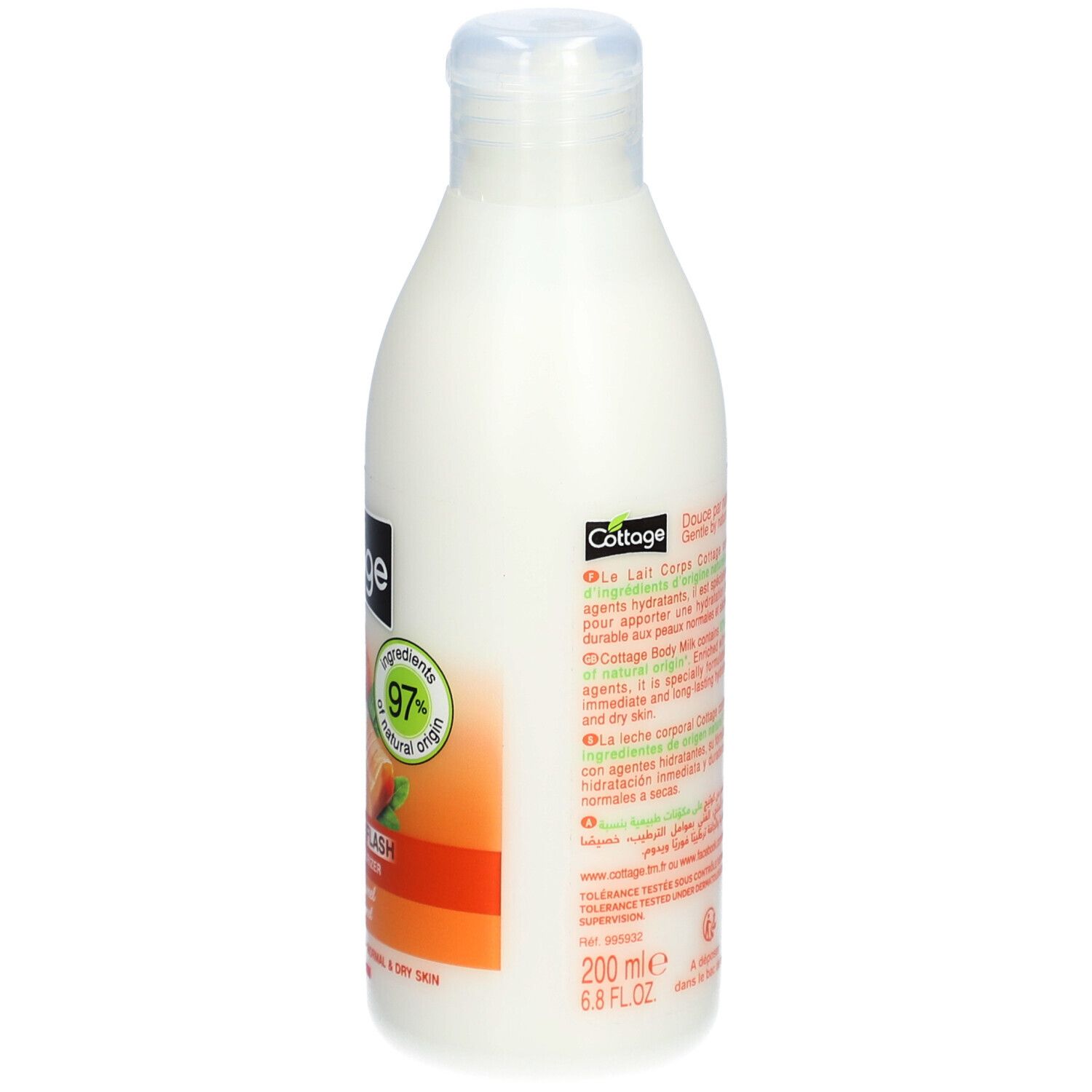 Flacon de lait corporel. Bouteille blanche avec bouchon à vis. Inscription: Cottage, Hydratant Flash, Tendre Caramel. Volume: 200 ml.