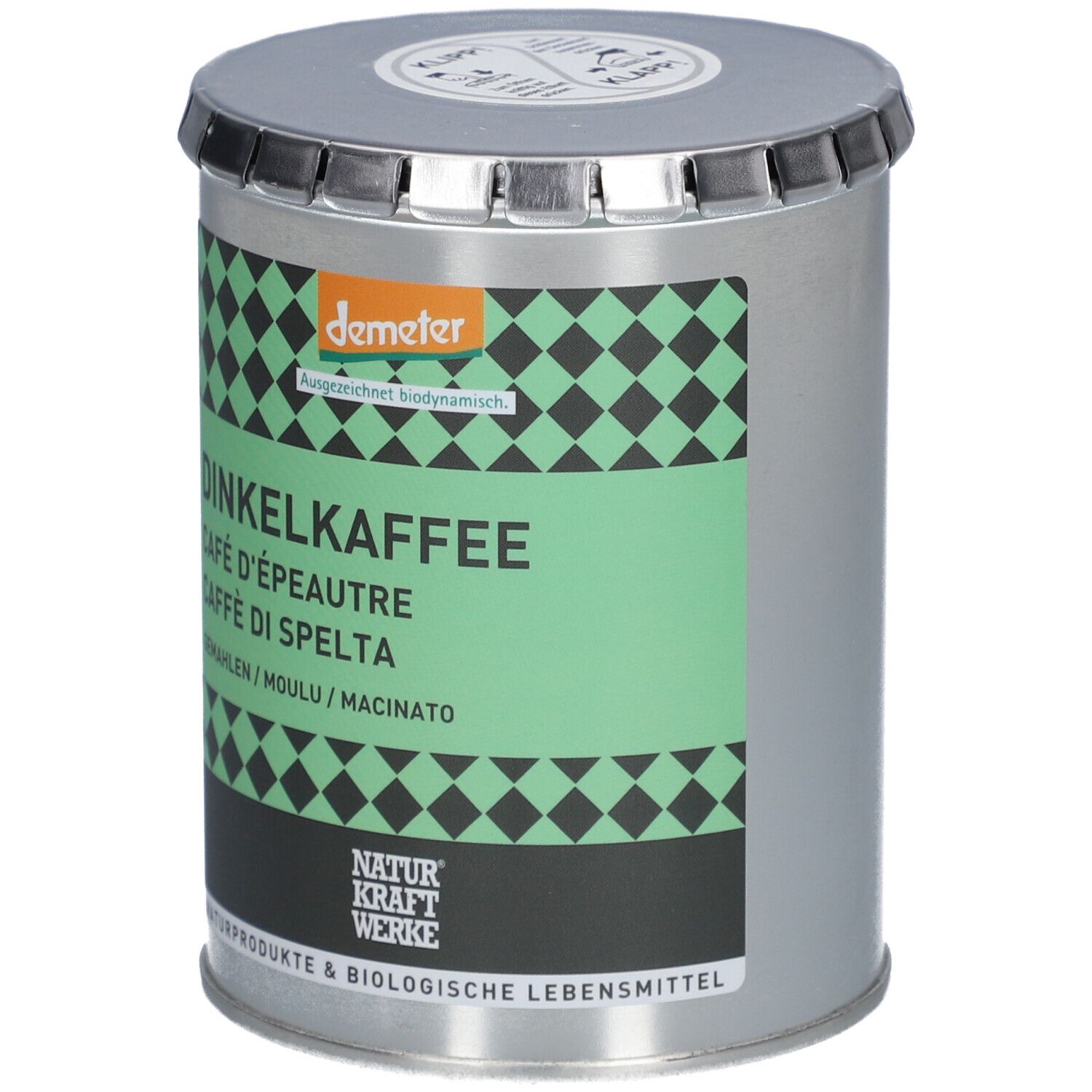 Récipient métallique cylindrique avec étiquette verte. Inscription: Dinkelkaffee, Café d'épeautre, Caffè di Spelta. Label Demeter.