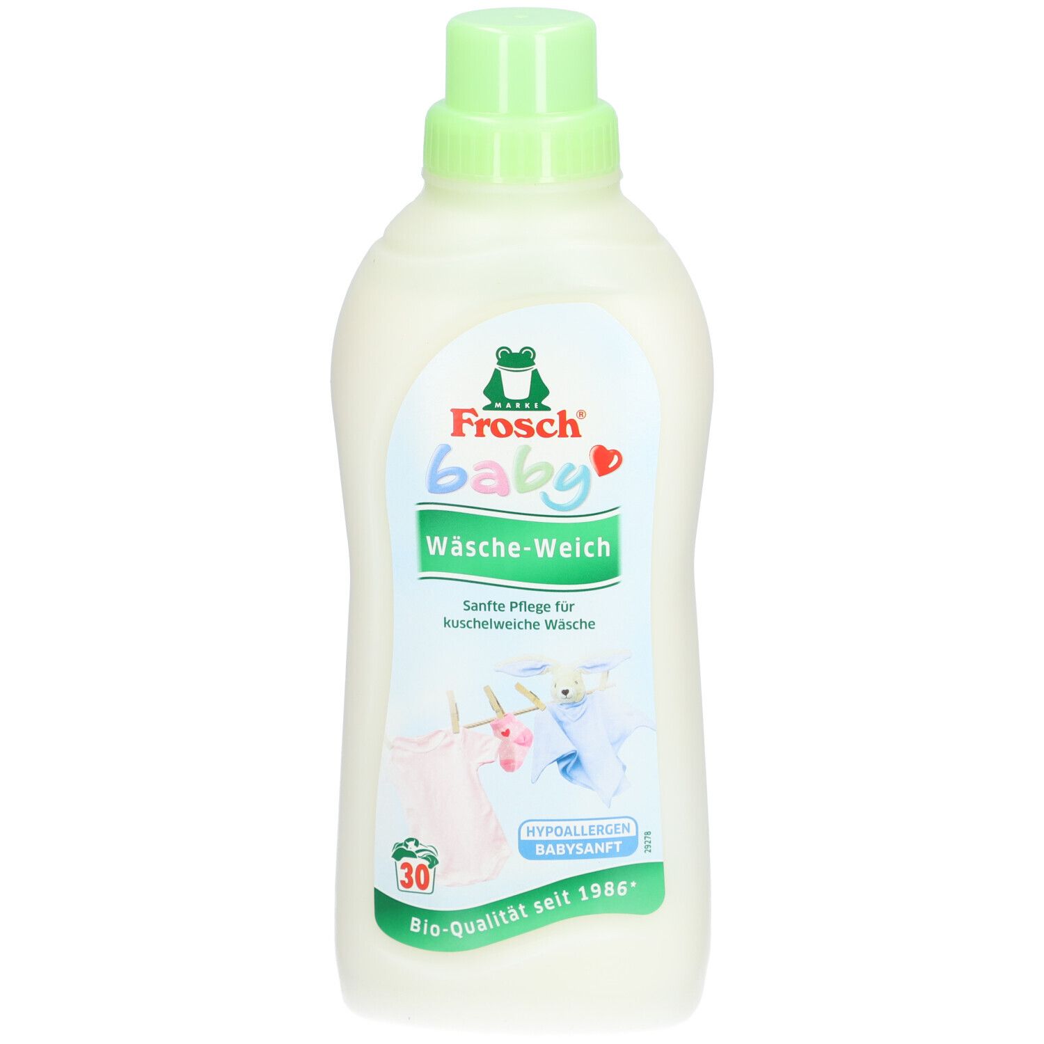 Bouteille de FROSCH Baby adoucissant. Emballage vert et blanc. Logo et texte. 30 lavages. Hypoallergénique.
