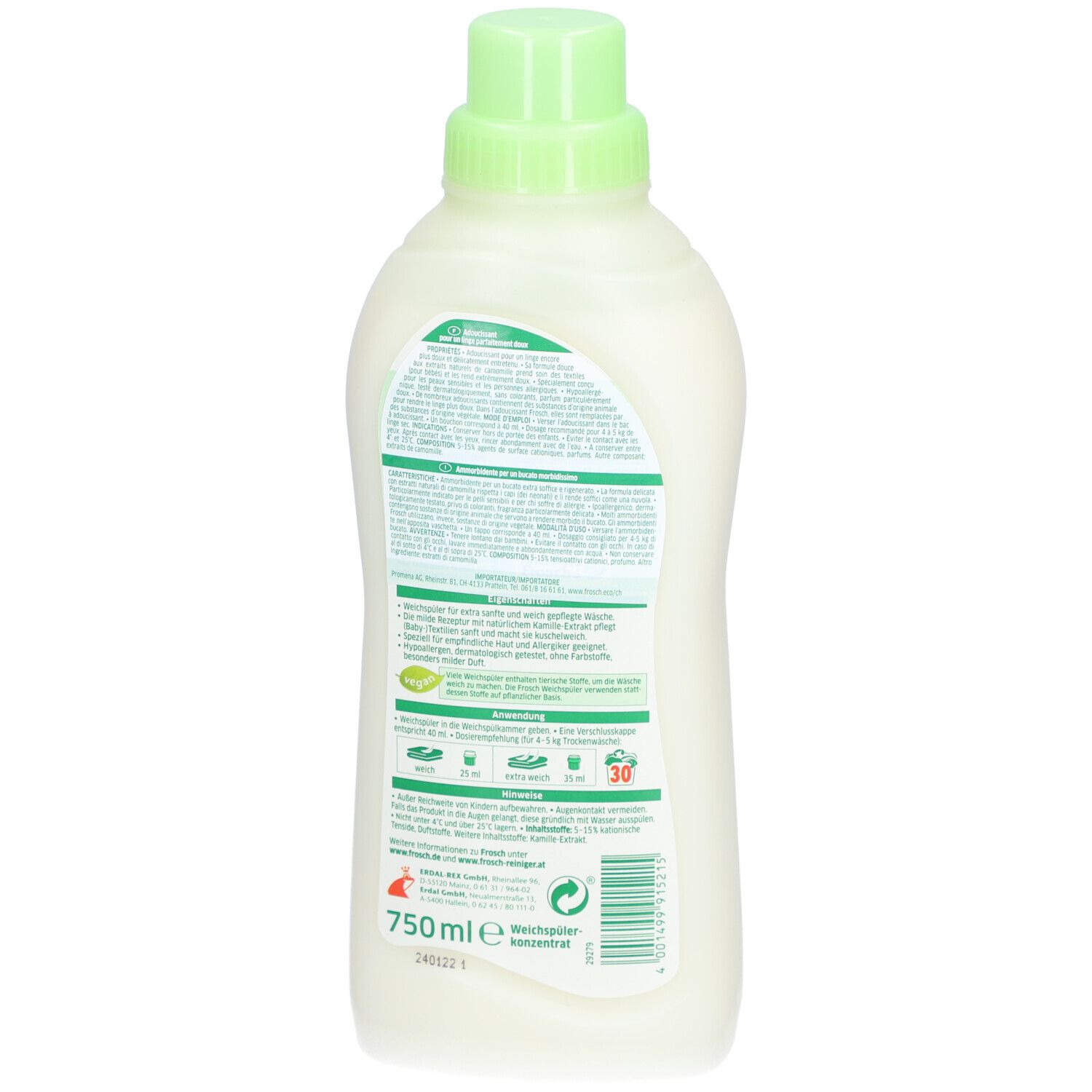 Dos de la bouteille d'adoucissant FROSCH Baby. Informations textuelles et symboles. 750 ml.