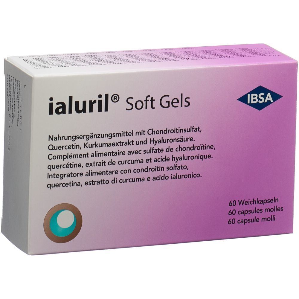 Boîte de Ialuril Soft Gels. Emballage blanc et violet avec nom et ingrédients. Contient 60 gélules.