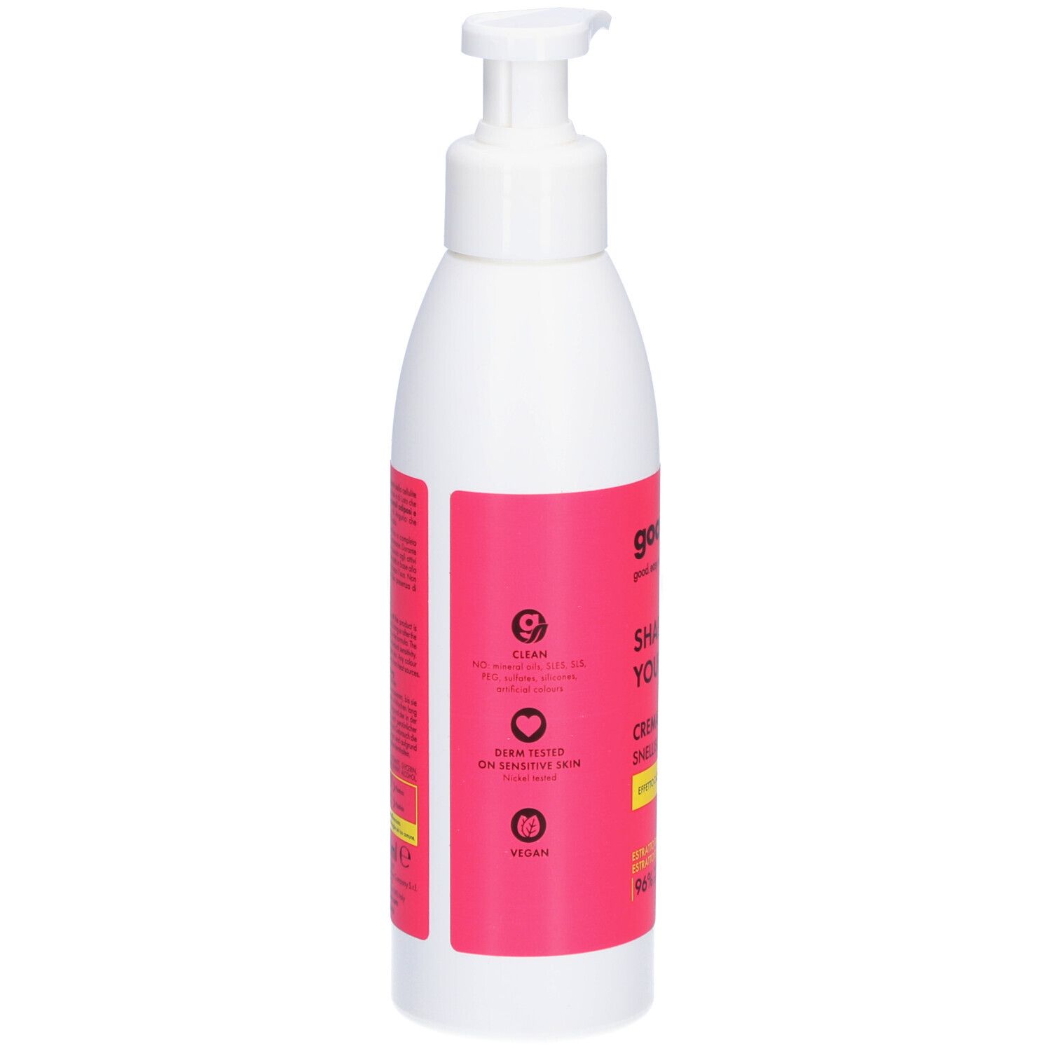 Flacon blanc avec pompe. Étiquette rose avec texte et logos: Clean, Testé dermatologiquement, Vegan. Vue arrière.