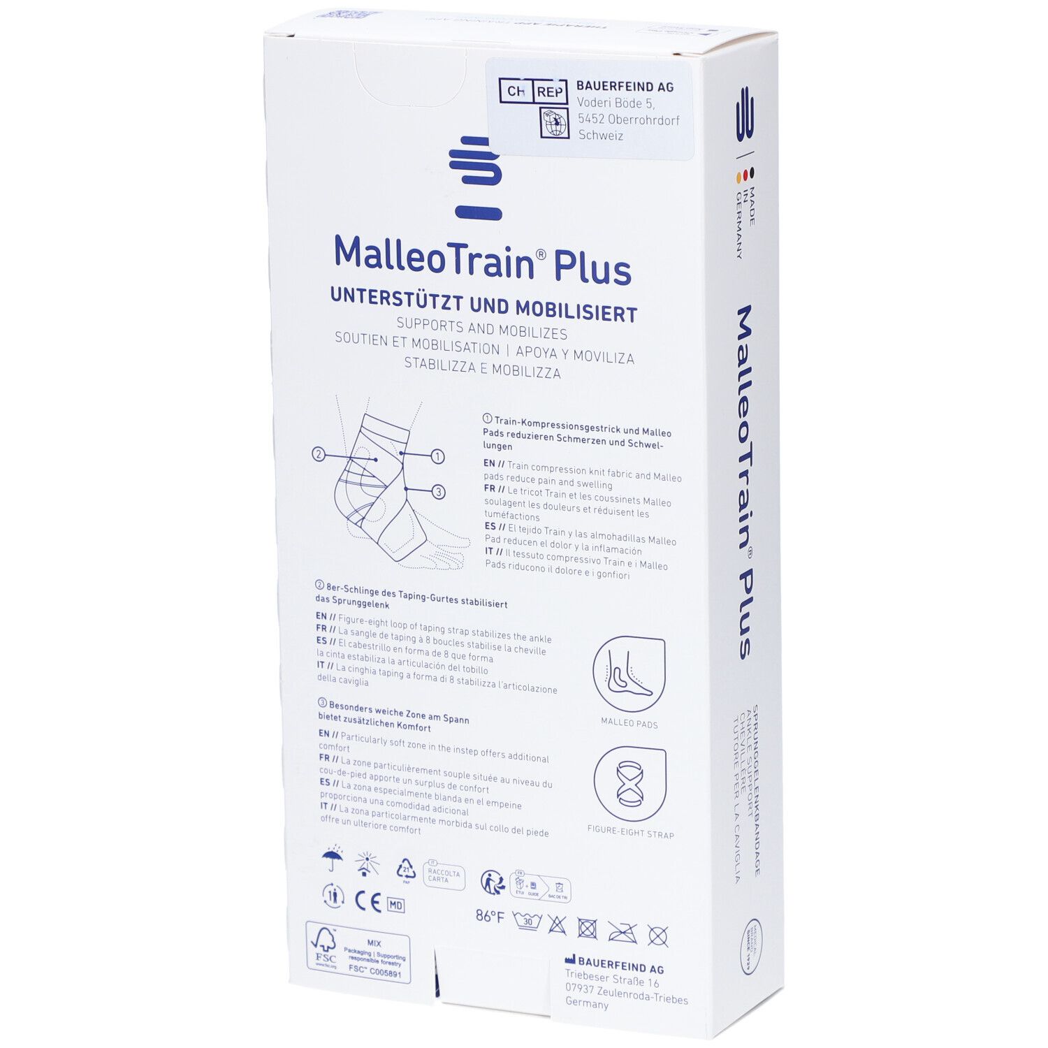 Dos de la boîte de l'attelle MalleoTrain® Plus. Informations sur le produit et indications de taille.