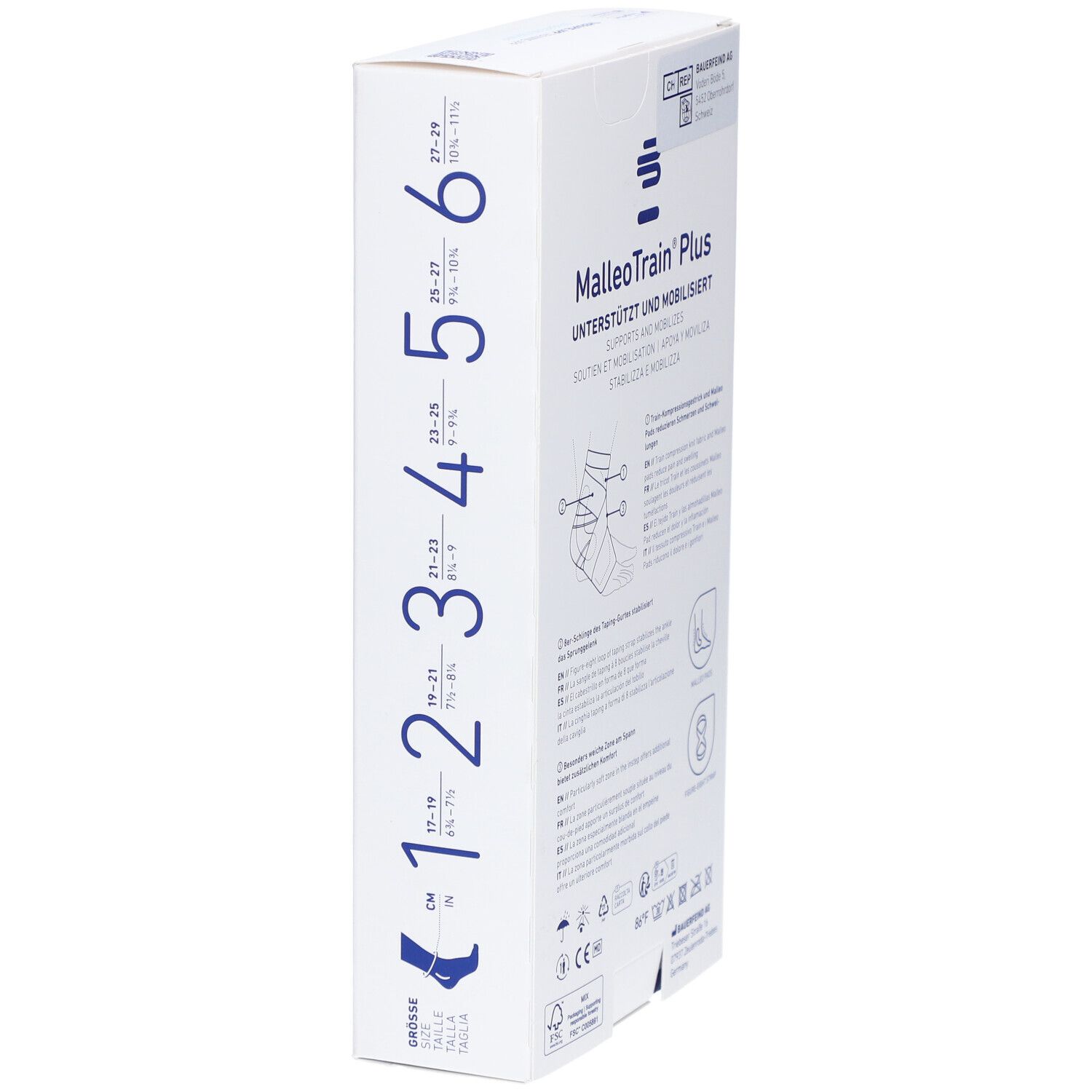 Vue latérale de la boîte de l'attelle MalleoTrain® Plus. Indications de taille et informations sur le produit.