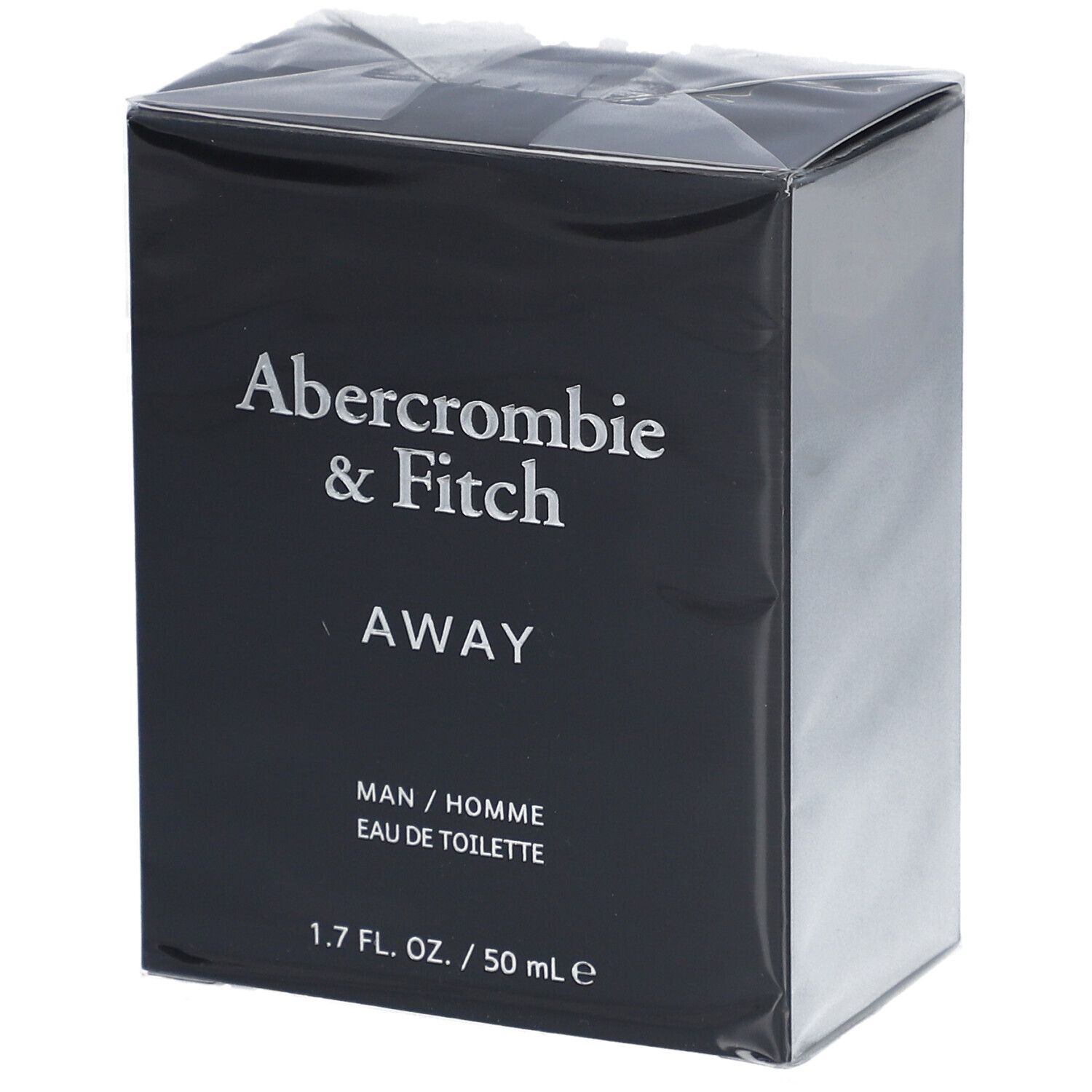 Boîte noire avec texte blanc: Abercrombie & Fitch, AWAY, MAN / HOMME, Eau de Toilette. 1.7 FL. OZ. / 50 ml e.