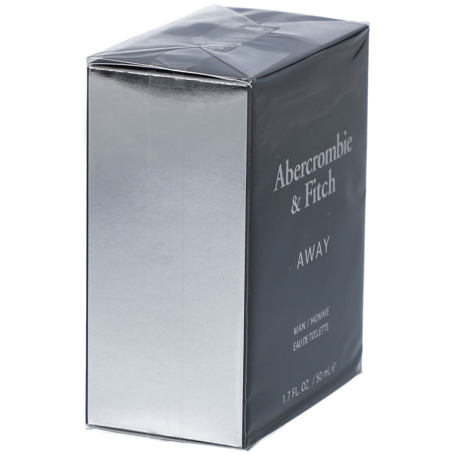 Boîte noire et argentée avec texte: Abercrombie & Fitch, AWAY, MAN / HOMME, Eau de Toilette. 1.7 FL. OZ. / 50 ml e.