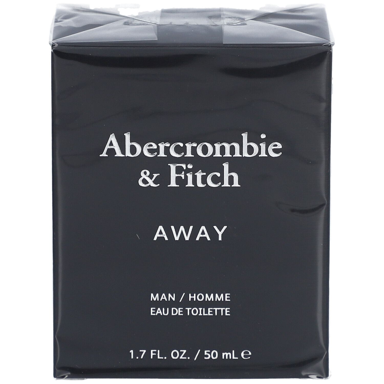 Boîte noire avec texte blanc: Abercrombie & Fitch, AWAY, MAN / HOMME, Eau de Toilette. 1.7 FL. OZ. / 50 ml e.