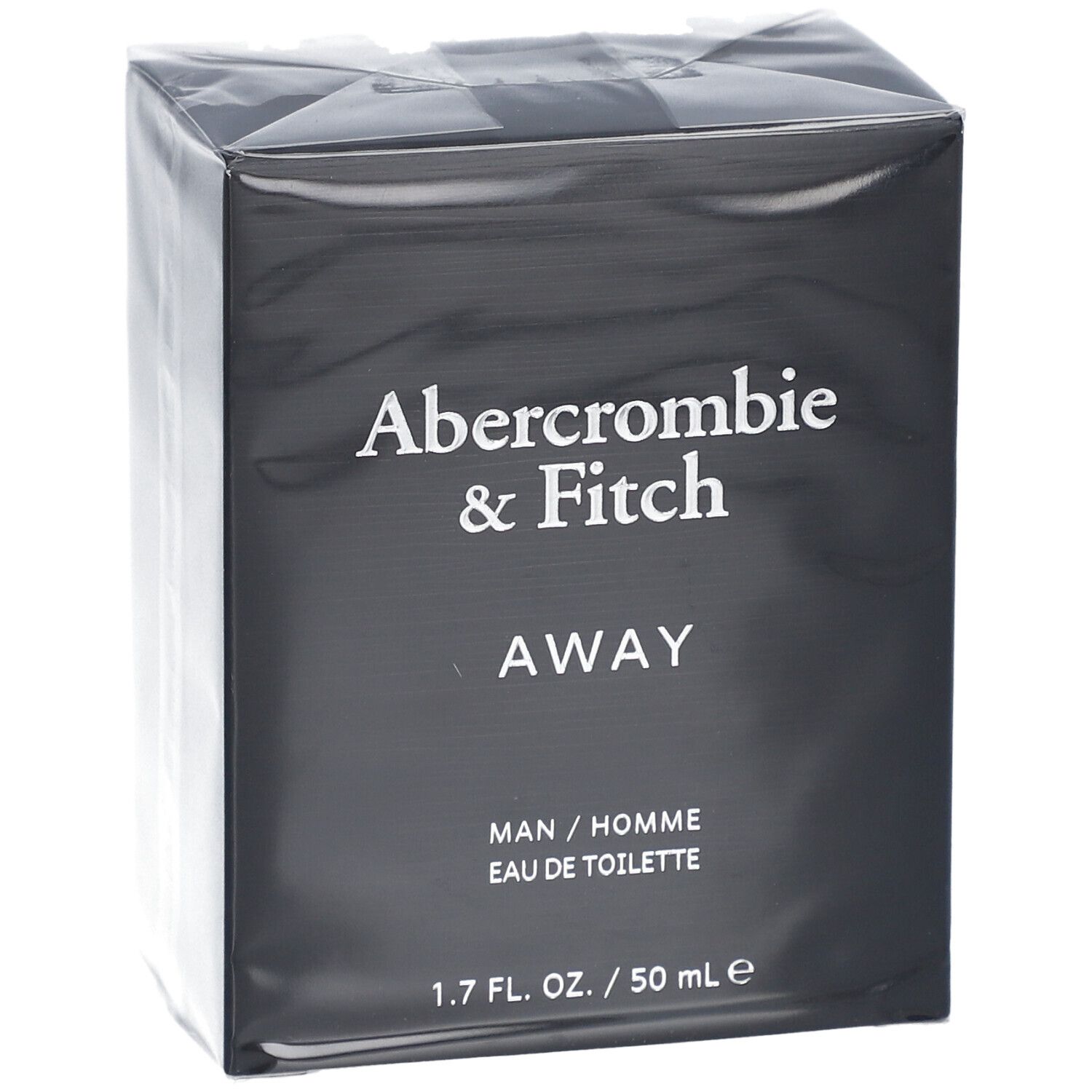 Boîte noire avec texte blanc: Abercrombie & Fitch, AWAY, MAN / HOMME, Eau de Toilette. 1.7 FL. OZ. / 50 ml e.