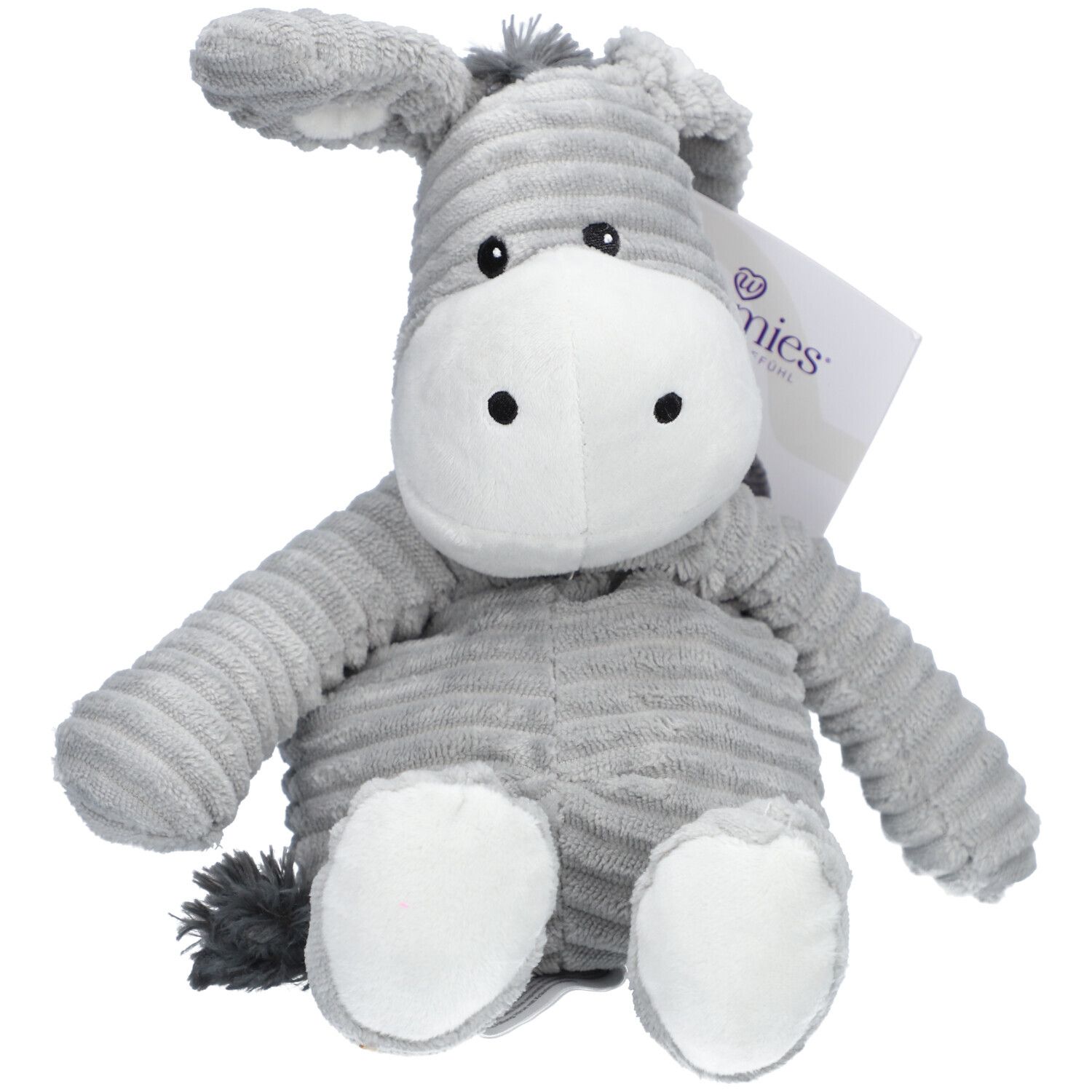 Âne en peluche gris avec ventre et pieds blancs. Avec étiquette. Aspect côtelé.