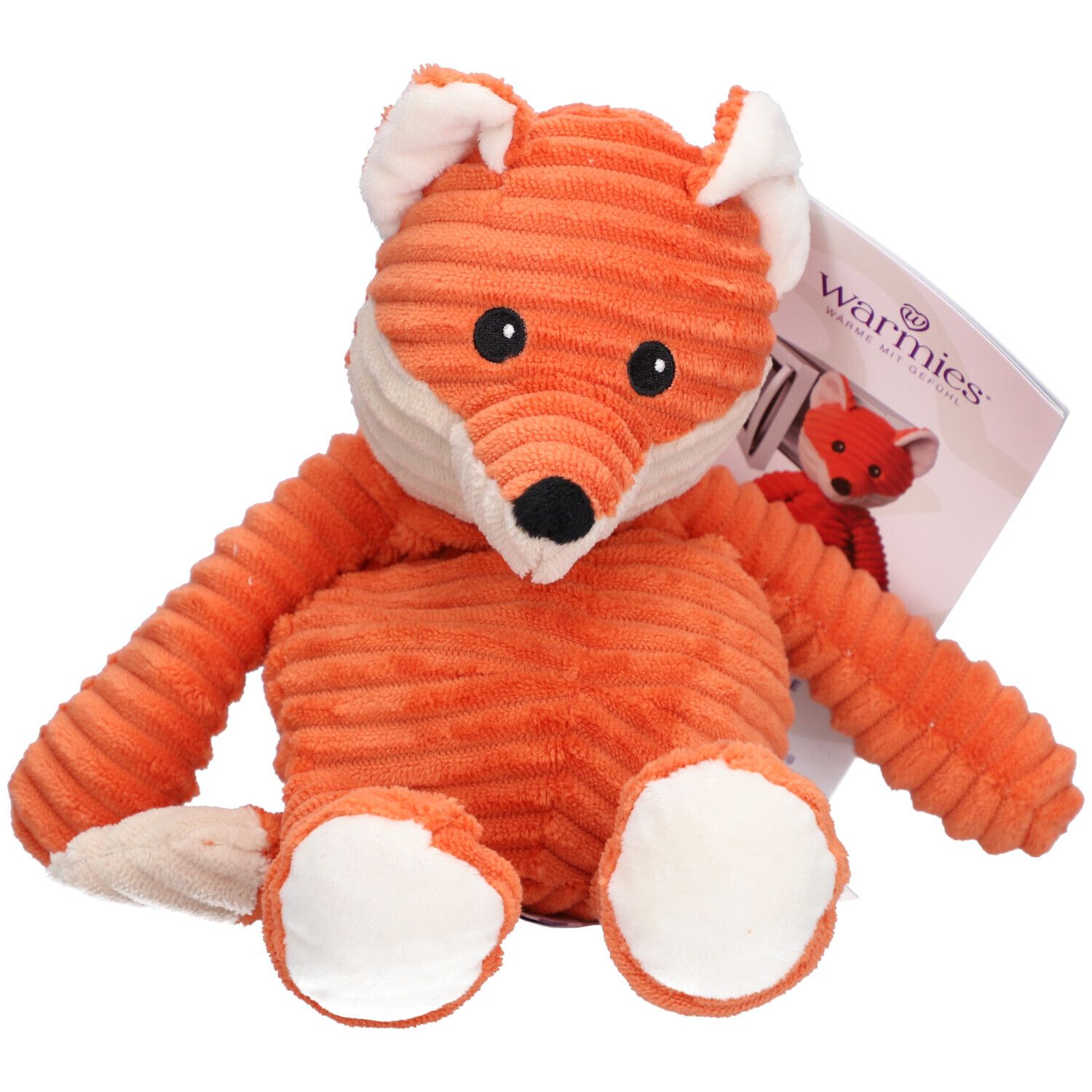Peluche renard orange avec yeux et nez noirs. Étiquette "Warmies" attachée.