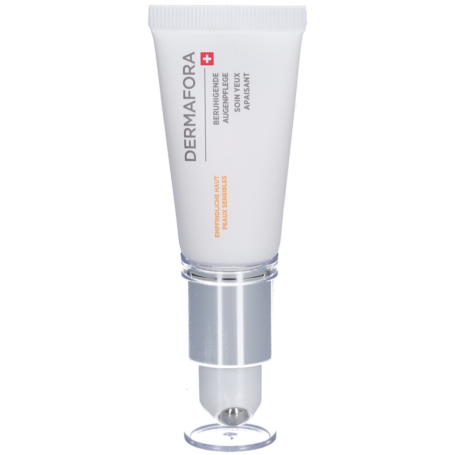 Tube blanche avec applicateur argenté. Inscription: DERMAFORA, Soin yeux apaisant. Bille sur l'applicateur.