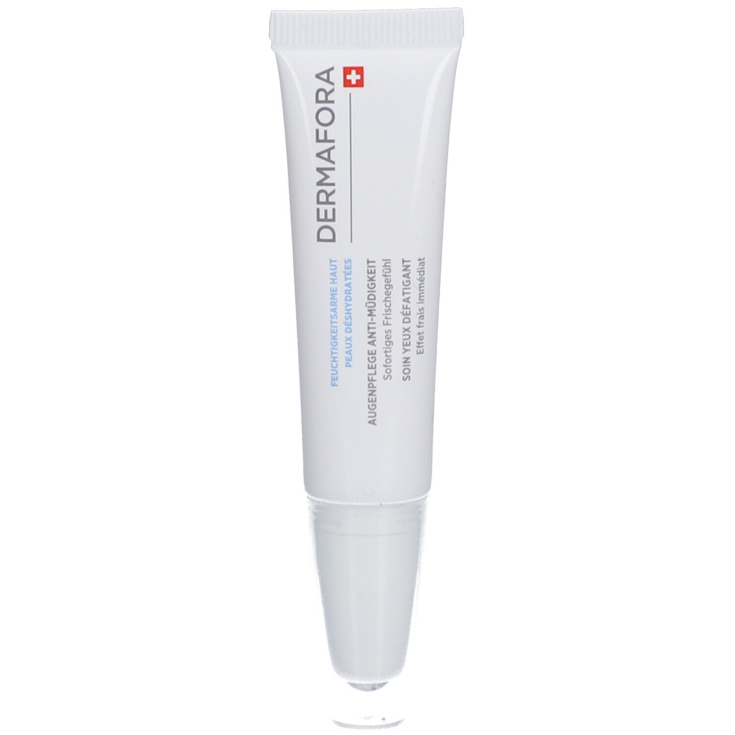 Tube blanc de gel contour des yeux. Inscription: Dermafora, Soin yeux défatigant. Croix suisse.