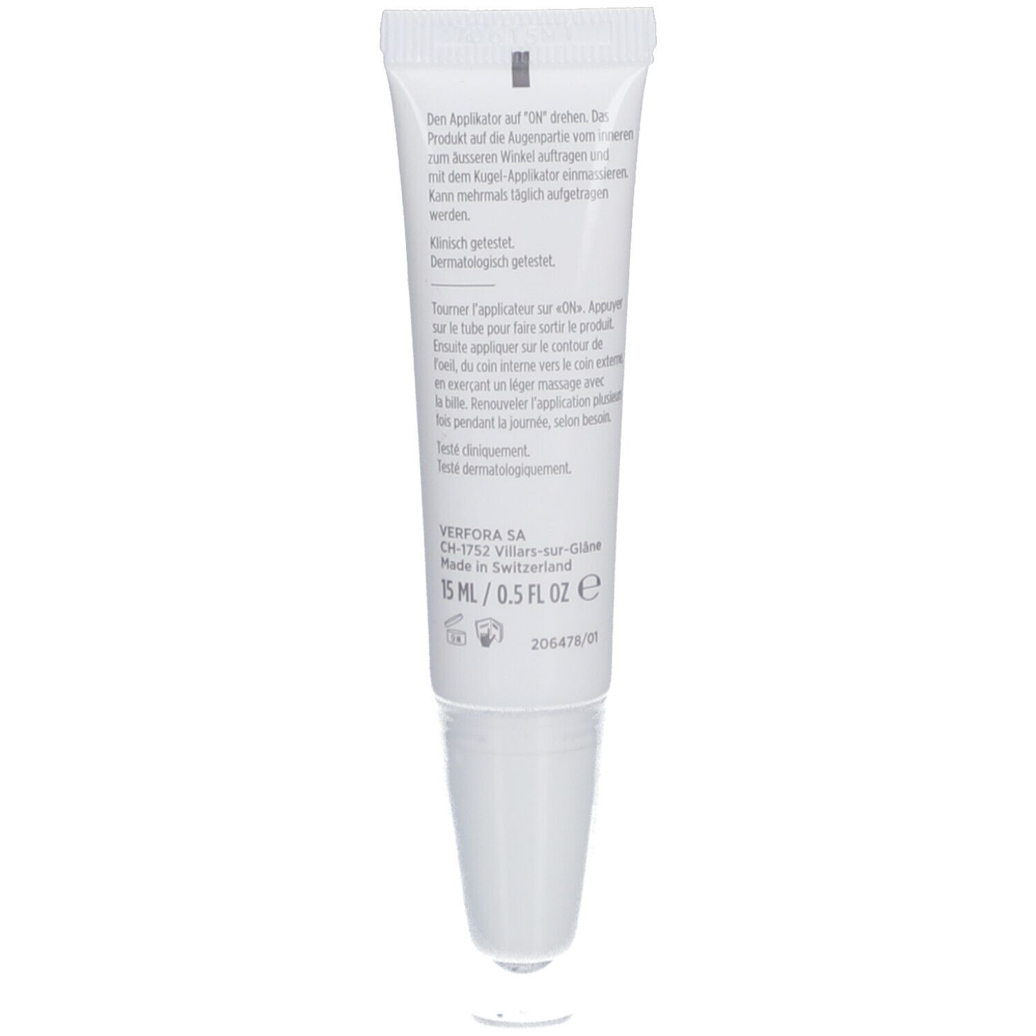 Dos du tube avec texte. Contient des instructions d'utilisation et des informations sur le fabricant. 15 ml.