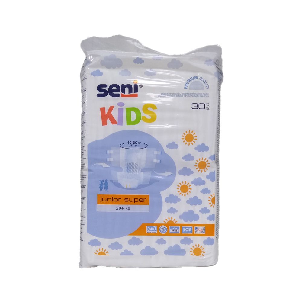 Paquet de 30 couches Seni Kids Junior Super, pour enfants de 20 kg et plus.