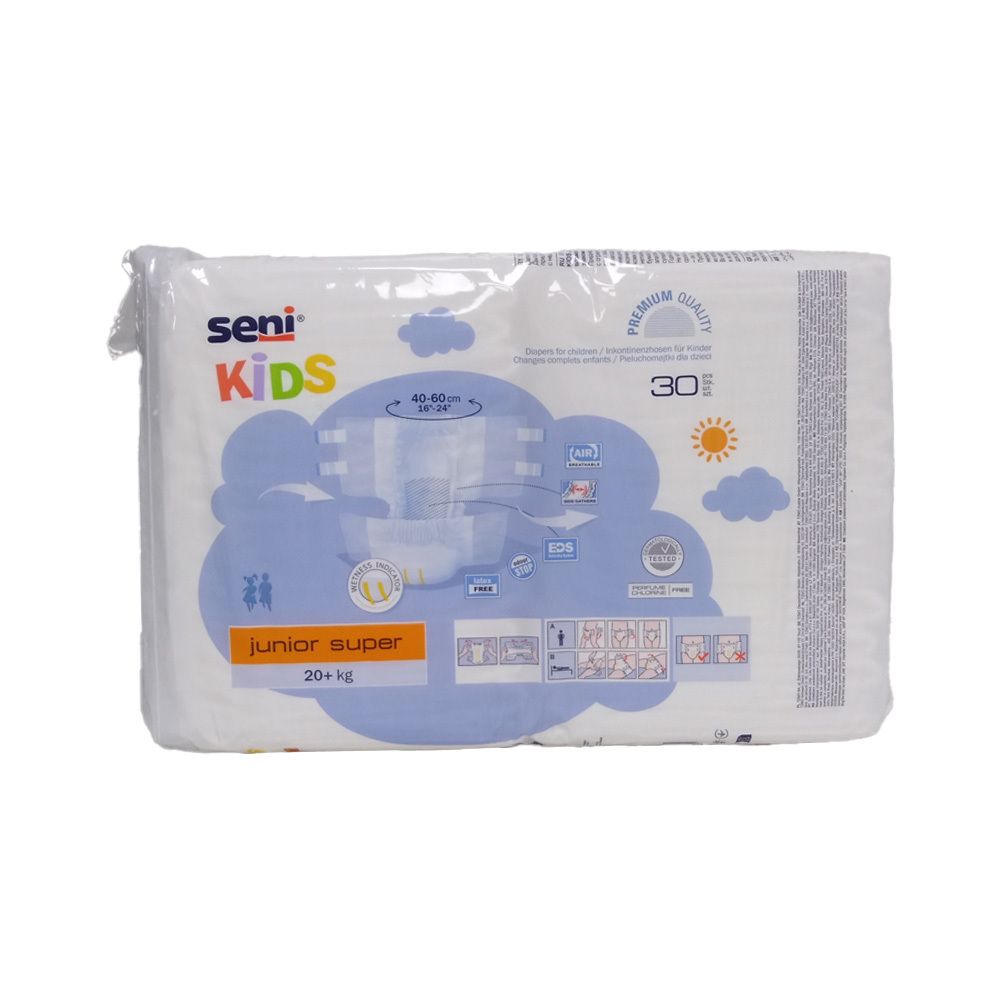 Paquet de couches Seni Kids Junior Super, 30 unités, pour enfants dès 20 kg.