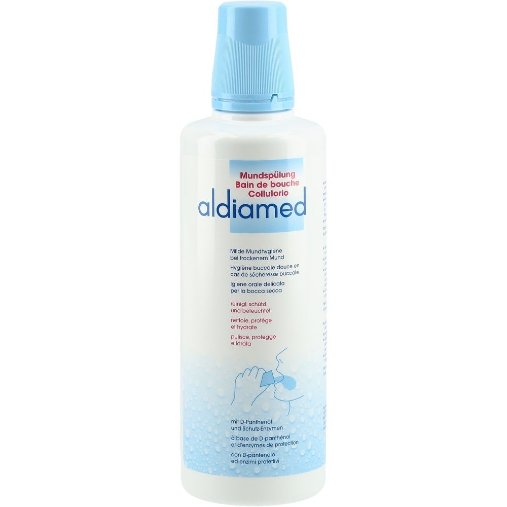 Flacon blanc avec bouchon bleu. Inscription: aldiamed Bain de bouche. Illustration du produit avec texte en allemand, français, italien.