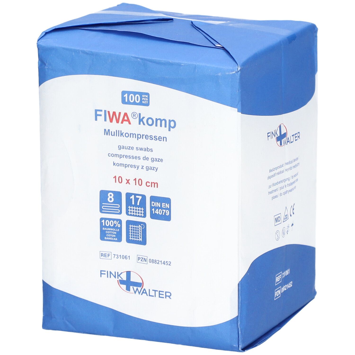 Compresses de gaze FIWA® komp, 10 x 10 cm. Emballage bleu et blanc avec informations et logo. Contient 100 compresses.