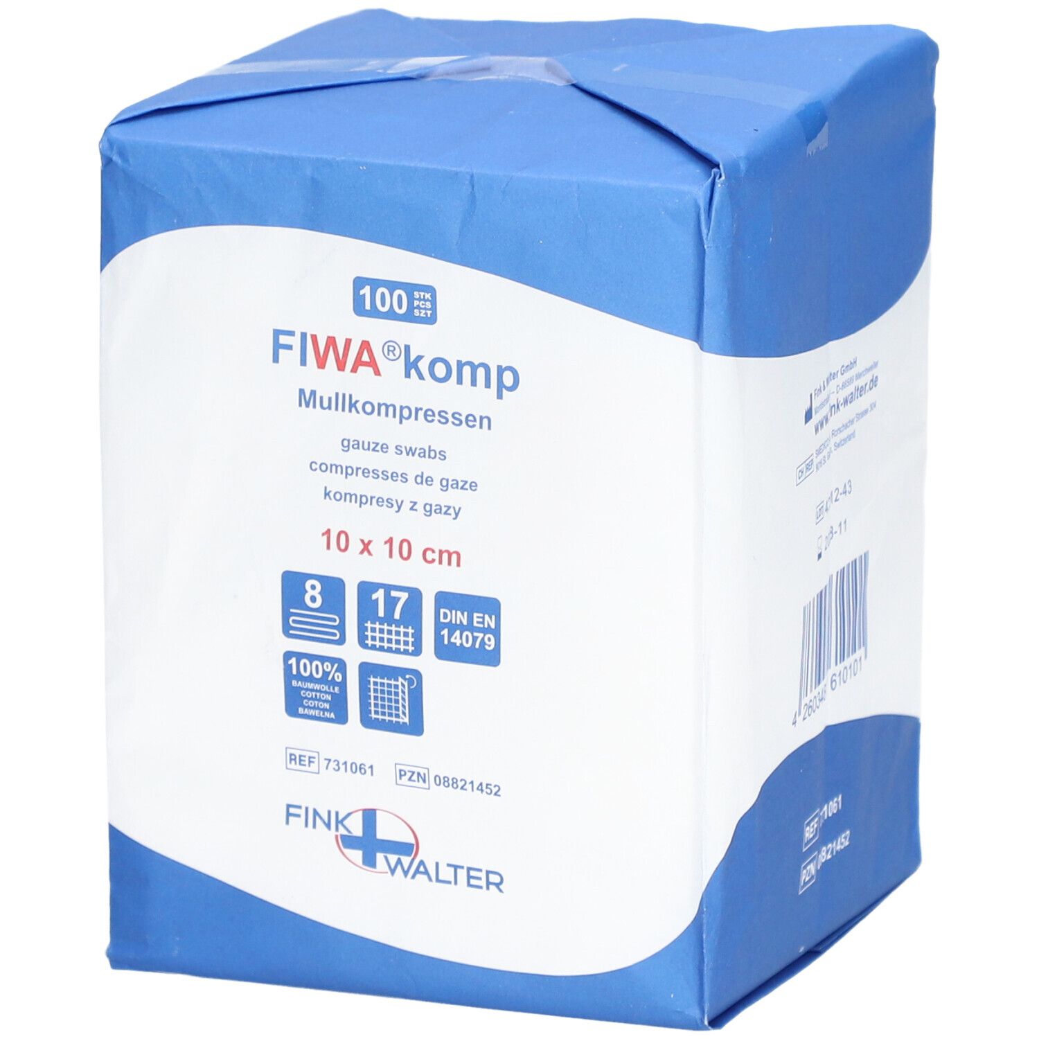 Compresses de gaze FIWA® komp, 10 x 10 cm. Emballage bleu et blanc avec informations et logo. Contient 100 compresses.