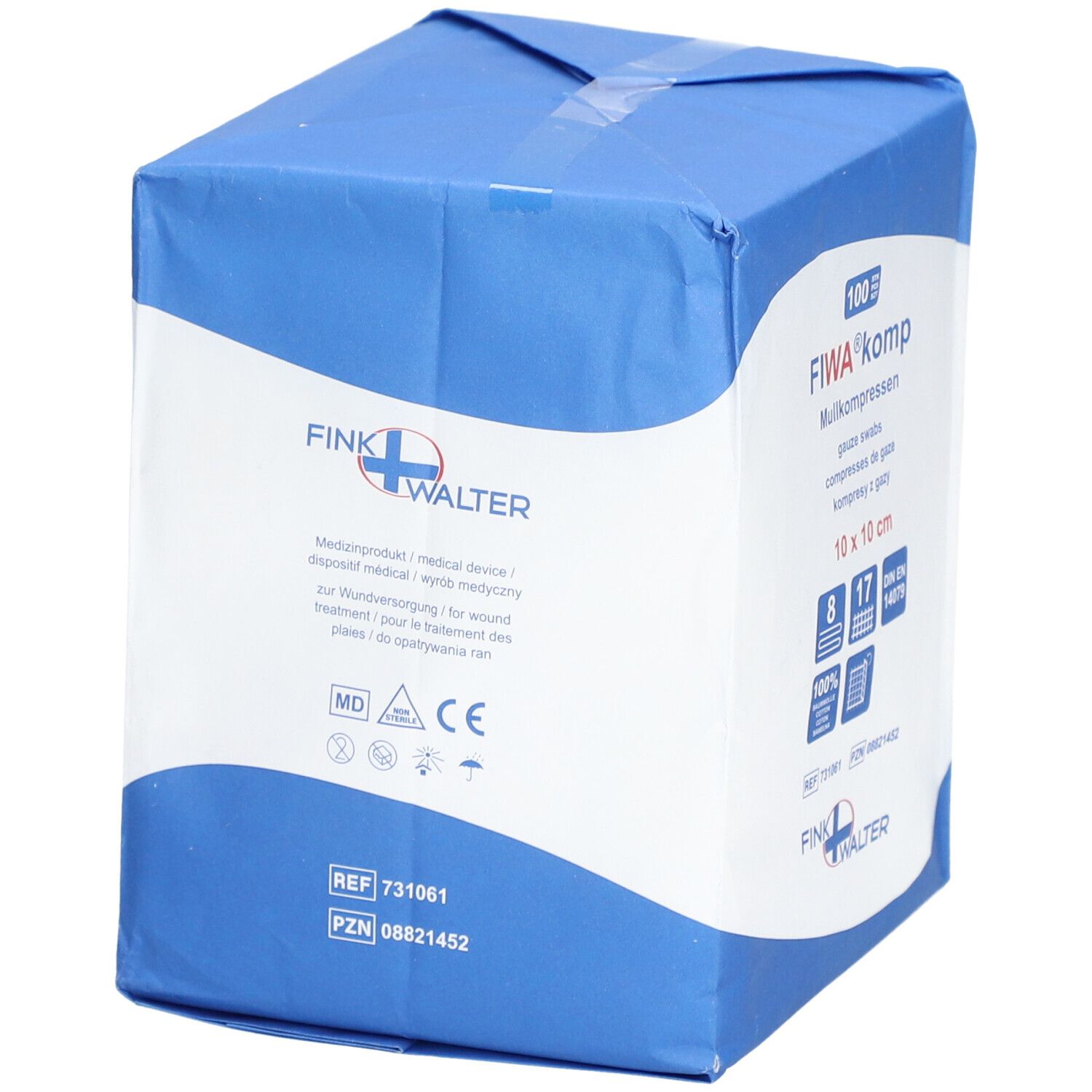 Compresses de gaze FIWA® komp, 10 x 10 cm. Emballage avec marquage CE et informations sur le dispositif médical.