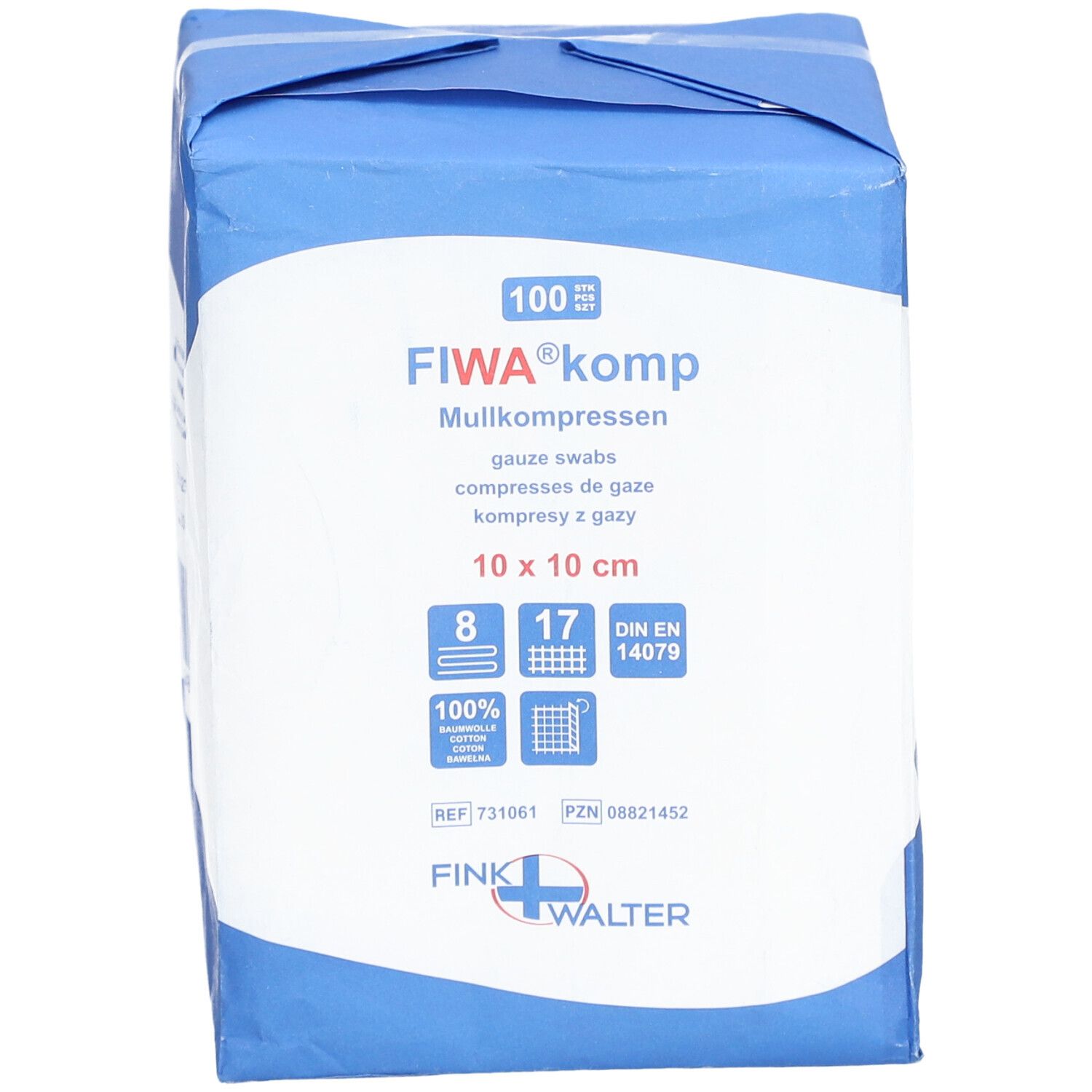 Compresses de gaze FIWA® komp, 10 x 10 cm. Emballage bleu et blanc avec informations et logo. Contient 100 compresses.