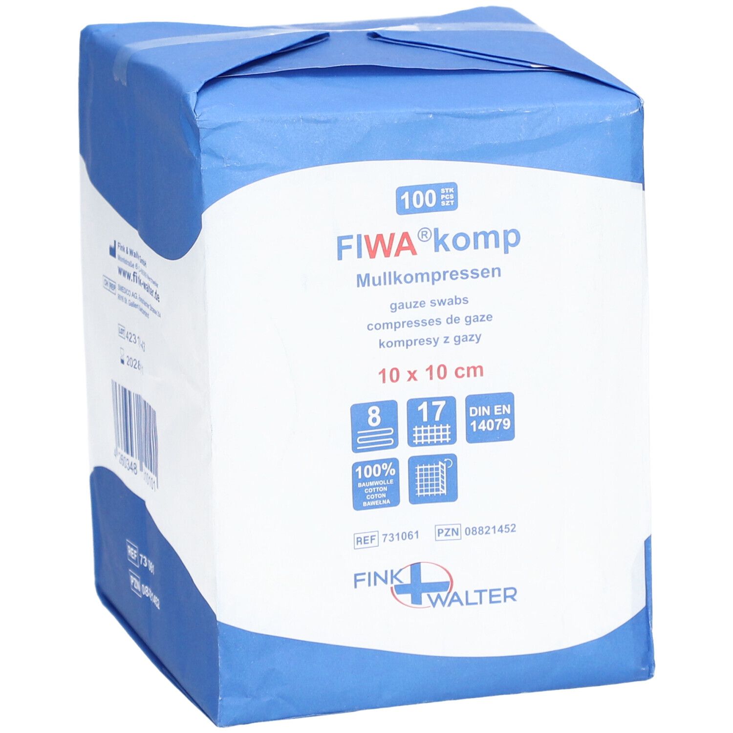 Compresses de gaze FIWA® komp, 10 x 10 cm. Emballage bleu et blanc avec informations et logo. Contient 100 compresses.