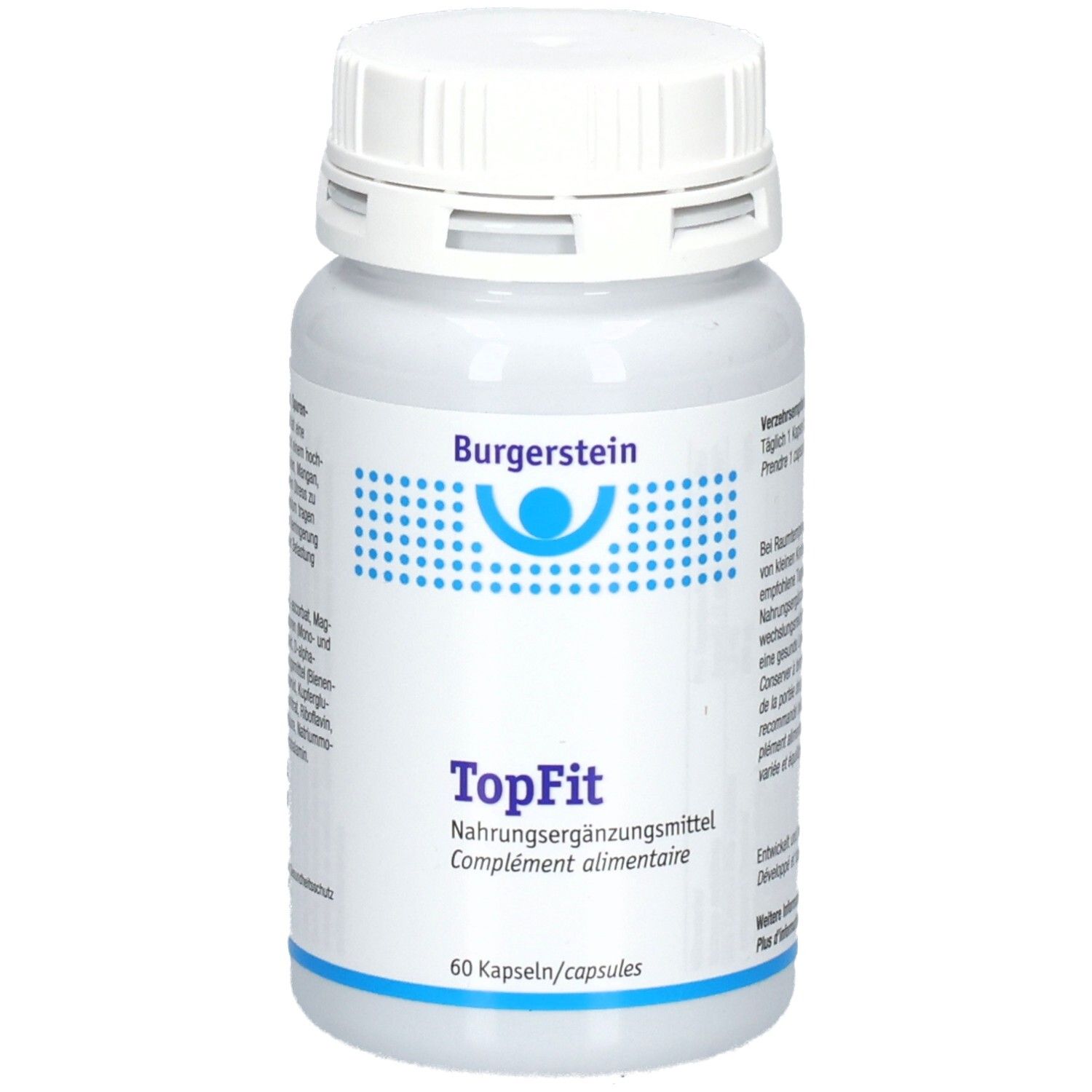 Boîte de capsules Burgerstein TopFit, vue de face avec logo, nom du produit et nombre de capsules.